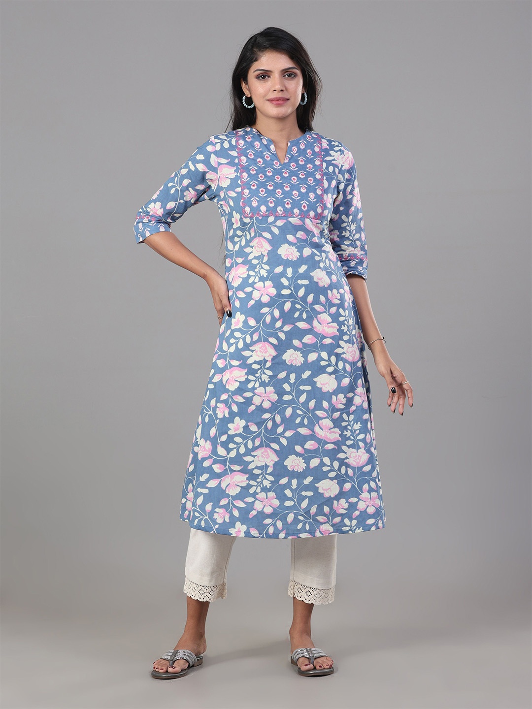 Vismay Floral Printed Notch Neck Mirror Work Pure Cotton Straight Kurta, Blue
Vismay Floral Printed Notch Neck Mirror Work Pure Cotton Straight Kurta, Blue