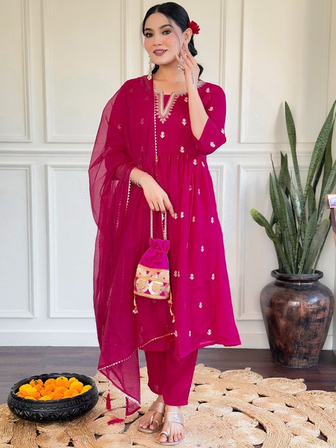 KAUTIK FABRICS Floral Embroidered Pure Silk Anarkali Kurta With Trousers And Dupatta, Pink
KAUTIK FABRICS Floral Embroidered Pure Silk Anarkali Kurta With Trousers And Dupatta, Pink