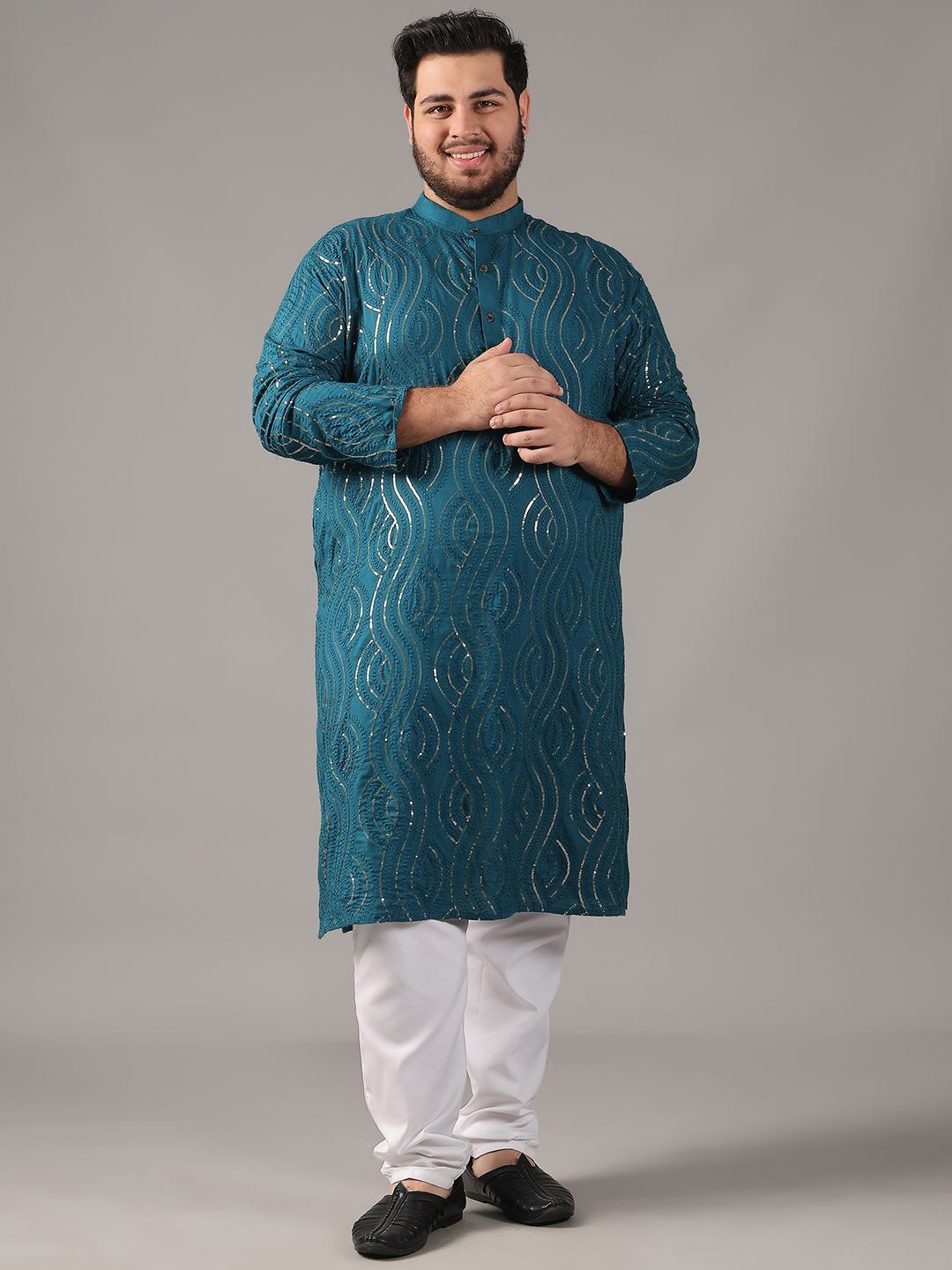SOJANYA PLUS Size Floral Embroidered Band Collar Sequinned Cotton Straight Kurta, Teal
SOJANYA PLUS Size Floral Embroidered Band Collar Sequinned Cotton Straight Kurta, Teal