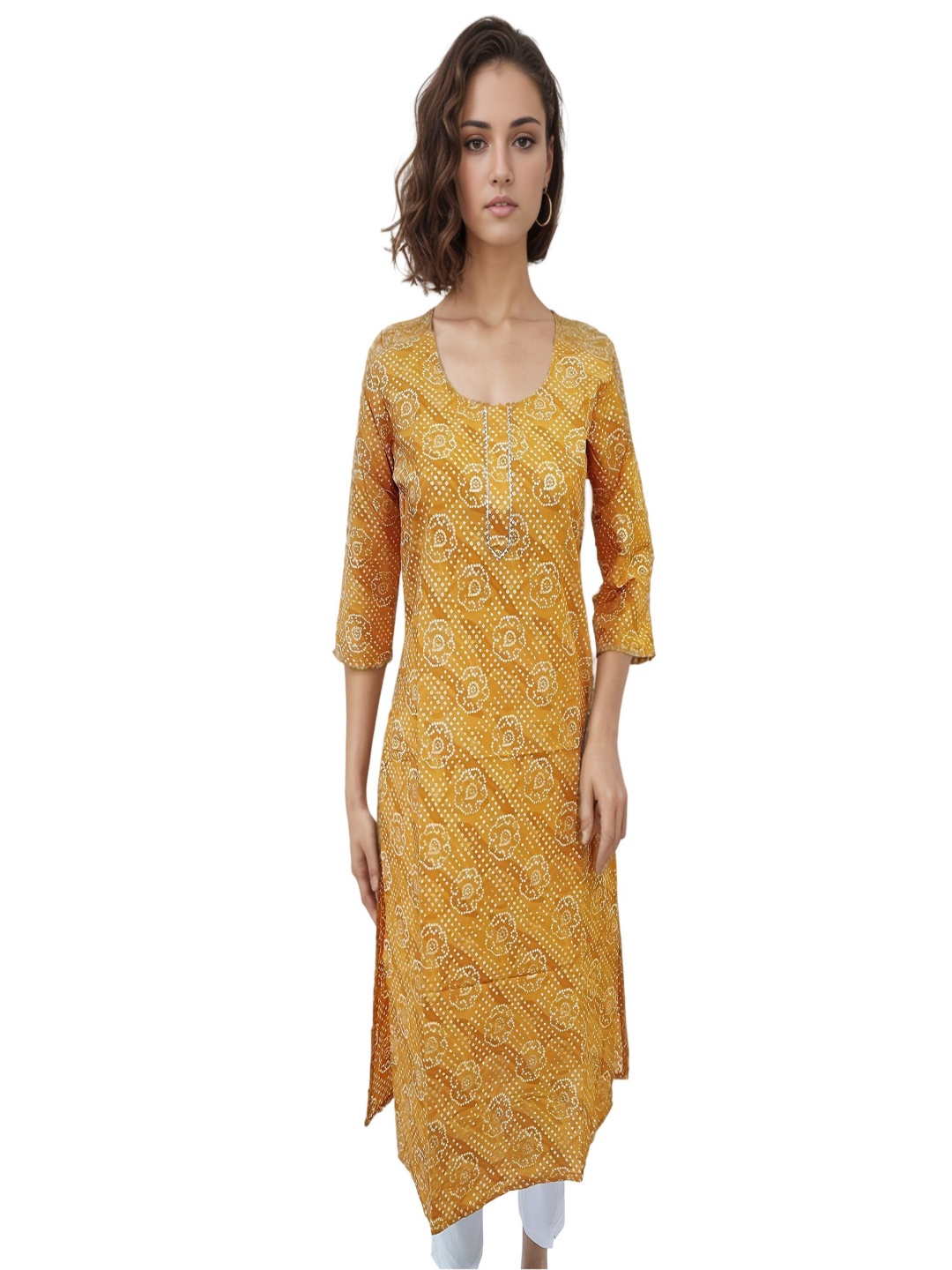 RAYINVENT Ethnic Motifs Printed Round Neck Gotta Patti Pure Cotton Straight Kurtas, Yellow
RAYINVENT Ethnic Motifs Printed Round Neck Gotta Patti Pure Cotton Straight Kurtas, Yellow