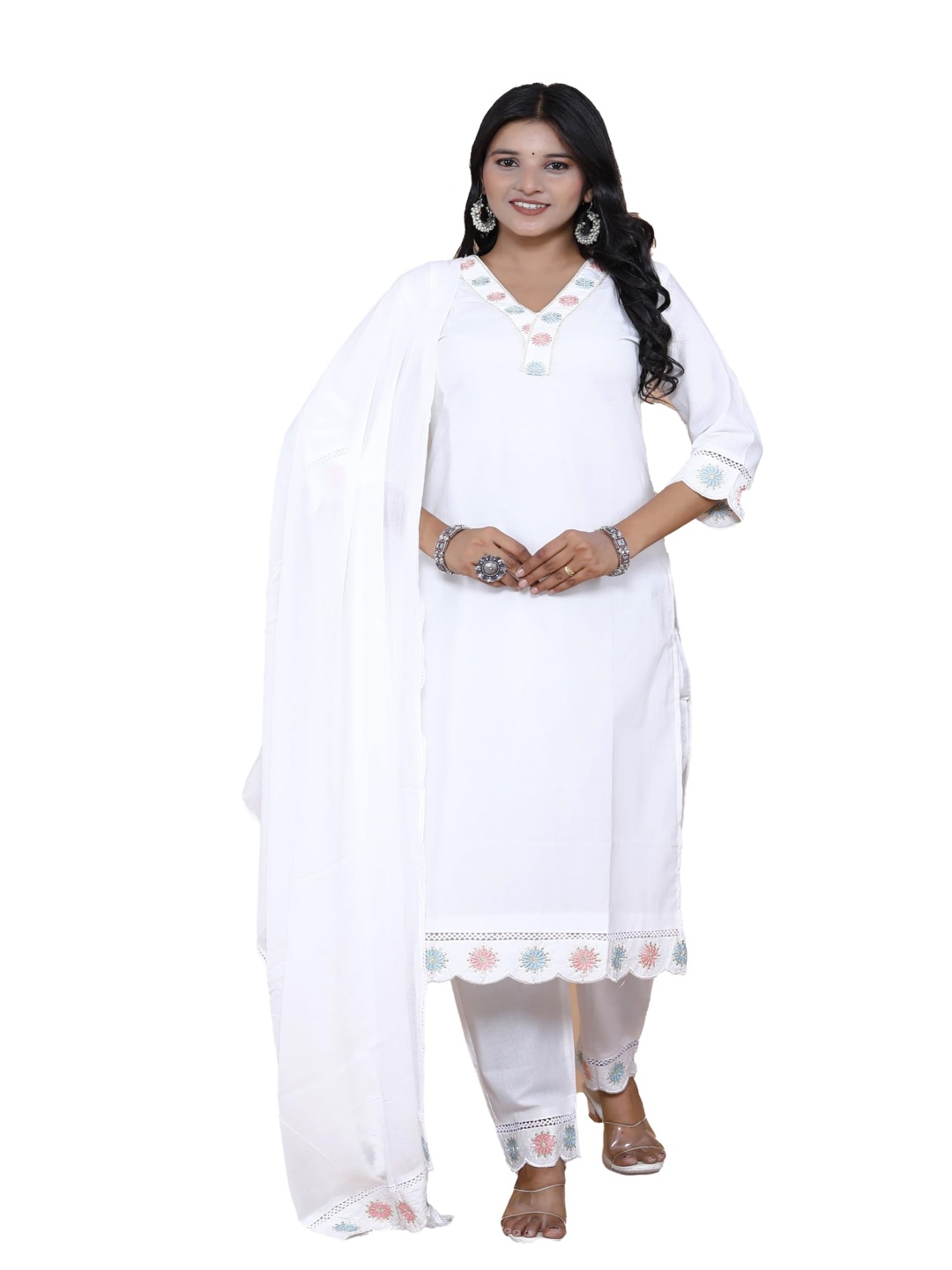 13-Star Floral Embroidered V-Neck Pure Cotton Straight Kurta And Trousers With Dupatta, White
13-Star Floral Embroidered V-Neck Pure Cotton Straight Kurta And Trousers With Dupatta, White