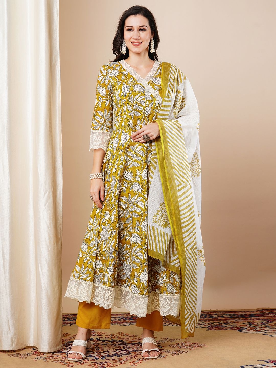 FASHOR Floral Printed V-Neck Pure Cotton Angrakha Anarkali Kurta With Trousers & Dupatta, Mustard
FASHOR Floral Printed V-Neck Pure Cotton Angrakha Anarkali Kurta With Trousers & Dupatta, Mustard