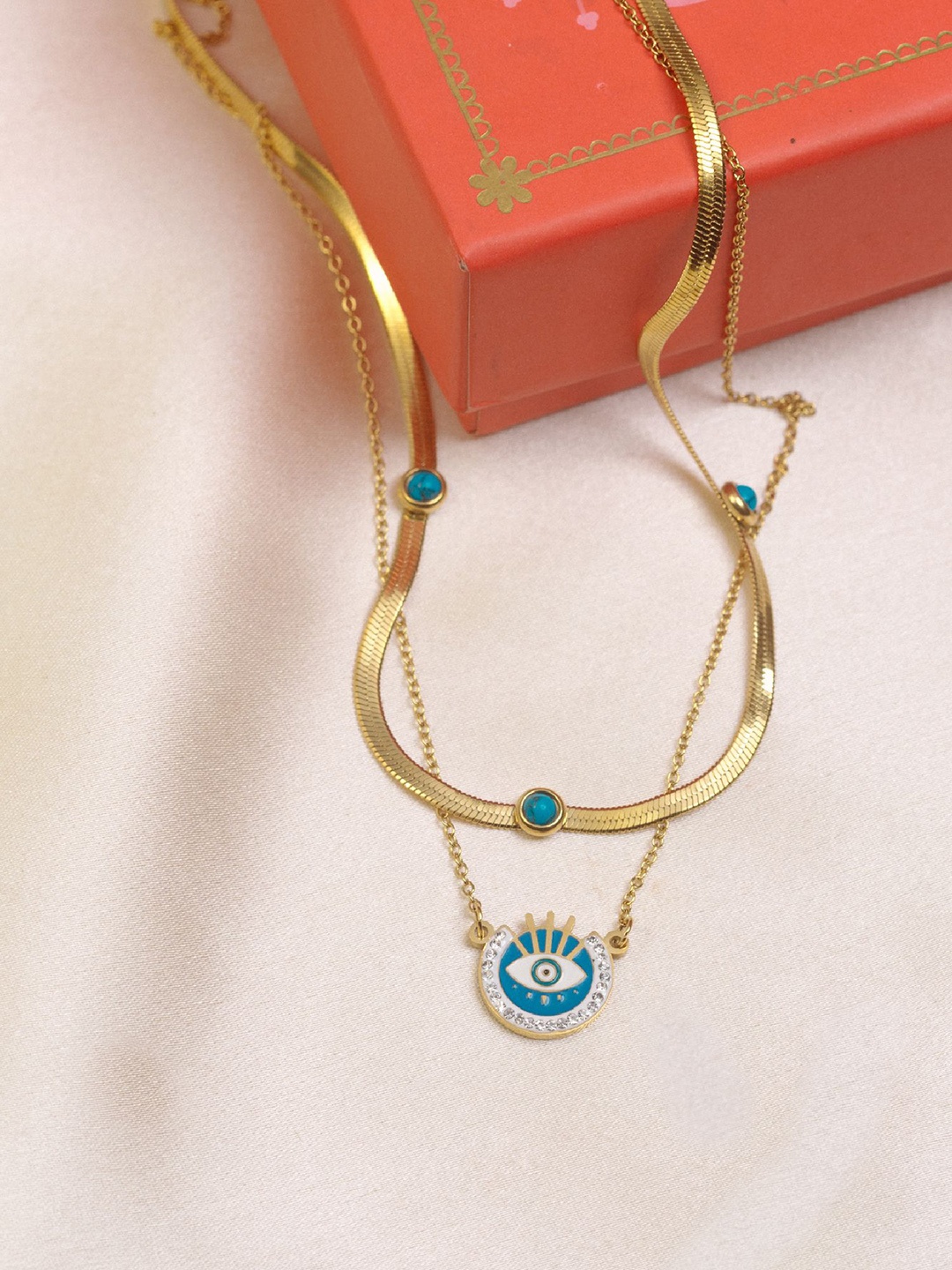 ARTKLIM Stainless Steel Artificial Stones Studded Layered Evil Eye Quirky Shaped Necklace, Gold
ARTKLIM Stainless Steel Artificial Stones Studded Layered Evil Eye Quirky Shaped Necklace, Gold