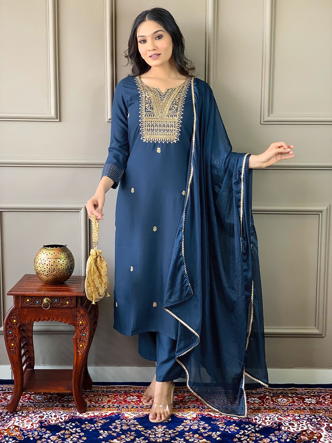 KALINI Floral Embroidered Notch Neck Sequinned Straight Kurta With Trouser & Dupatta, Navy blue
KALINI Floral Embroidered Notch Neck Sequinned Straight Kurta With Trouser & Dupatta, Navy blue