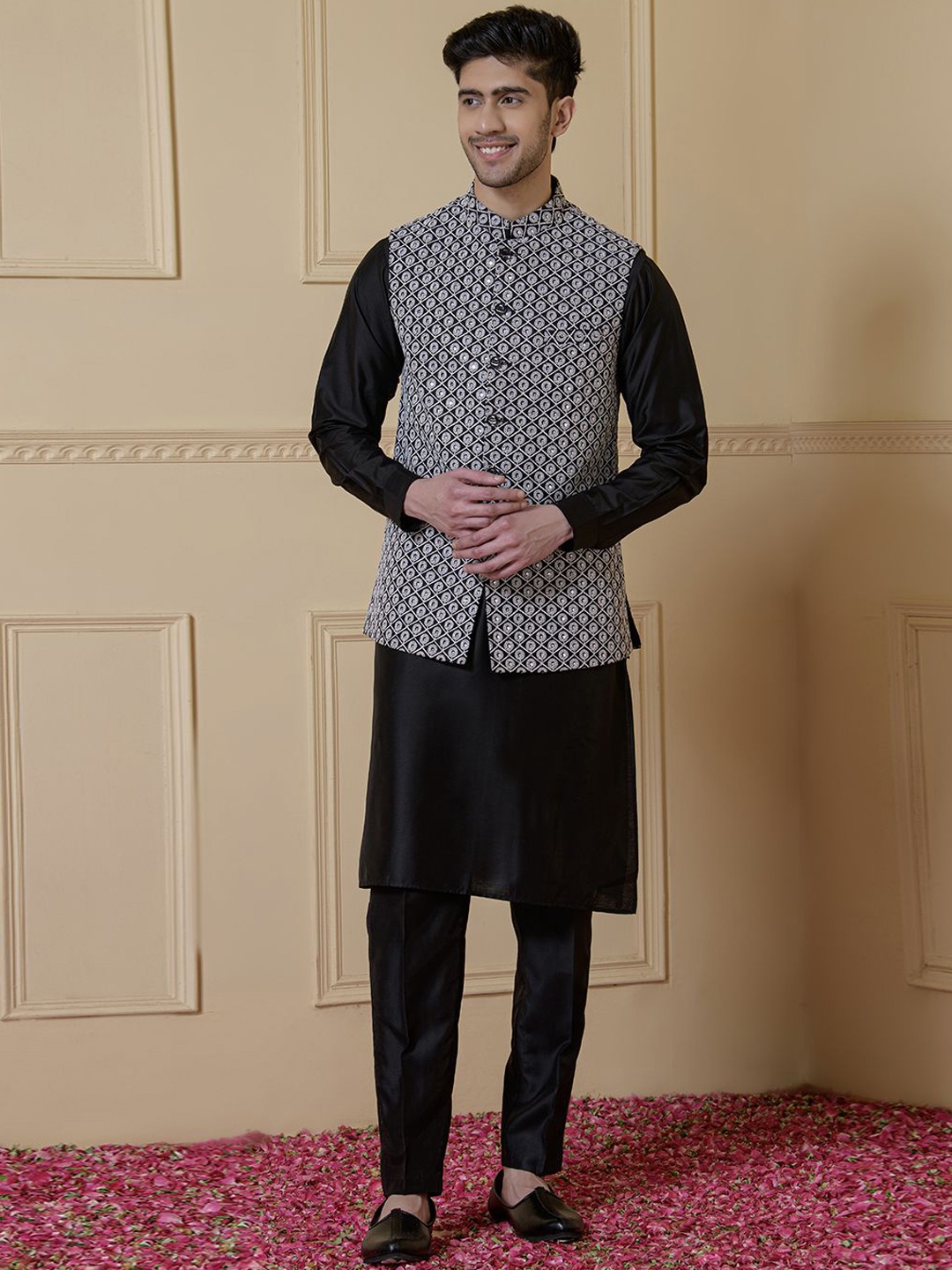 Satwaa Mandarin Collar Cotton Silk Straight Kurta With Trouser & Nehru Jacket, Black
Satwaa Mandarin Collar Cotton Silk Straight Kurta With Trouser & Nehru Jacket, Black