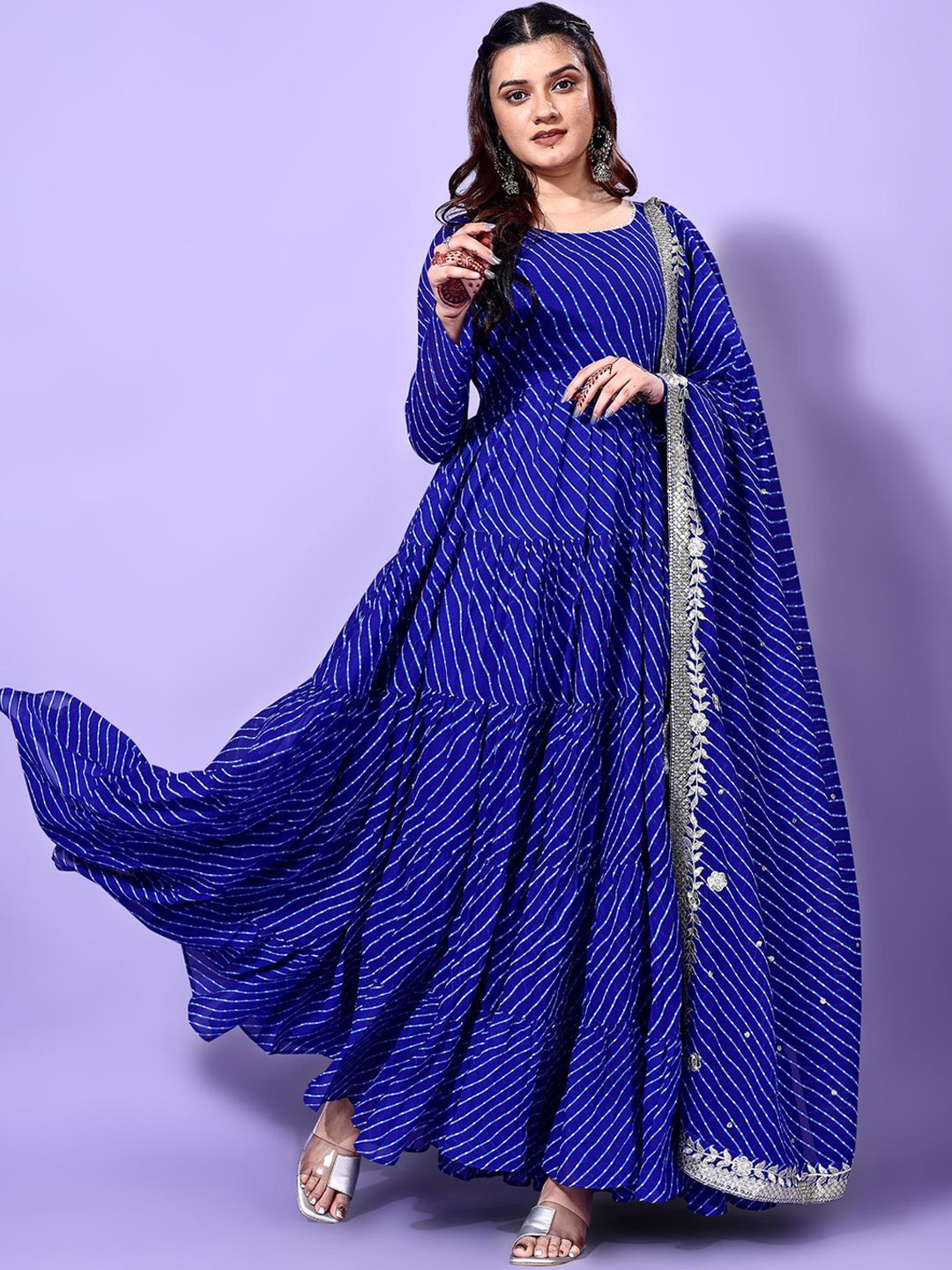 KALINI Leheriya Printed Round Neck Tiered Georgette Anarkali Kurta With Pyjama & Dupatta, Blue
KALINI Leheriya Printed Round Neck Tiered Georgette Anarkali Kurta With Pyjama & Dupatta, Blue