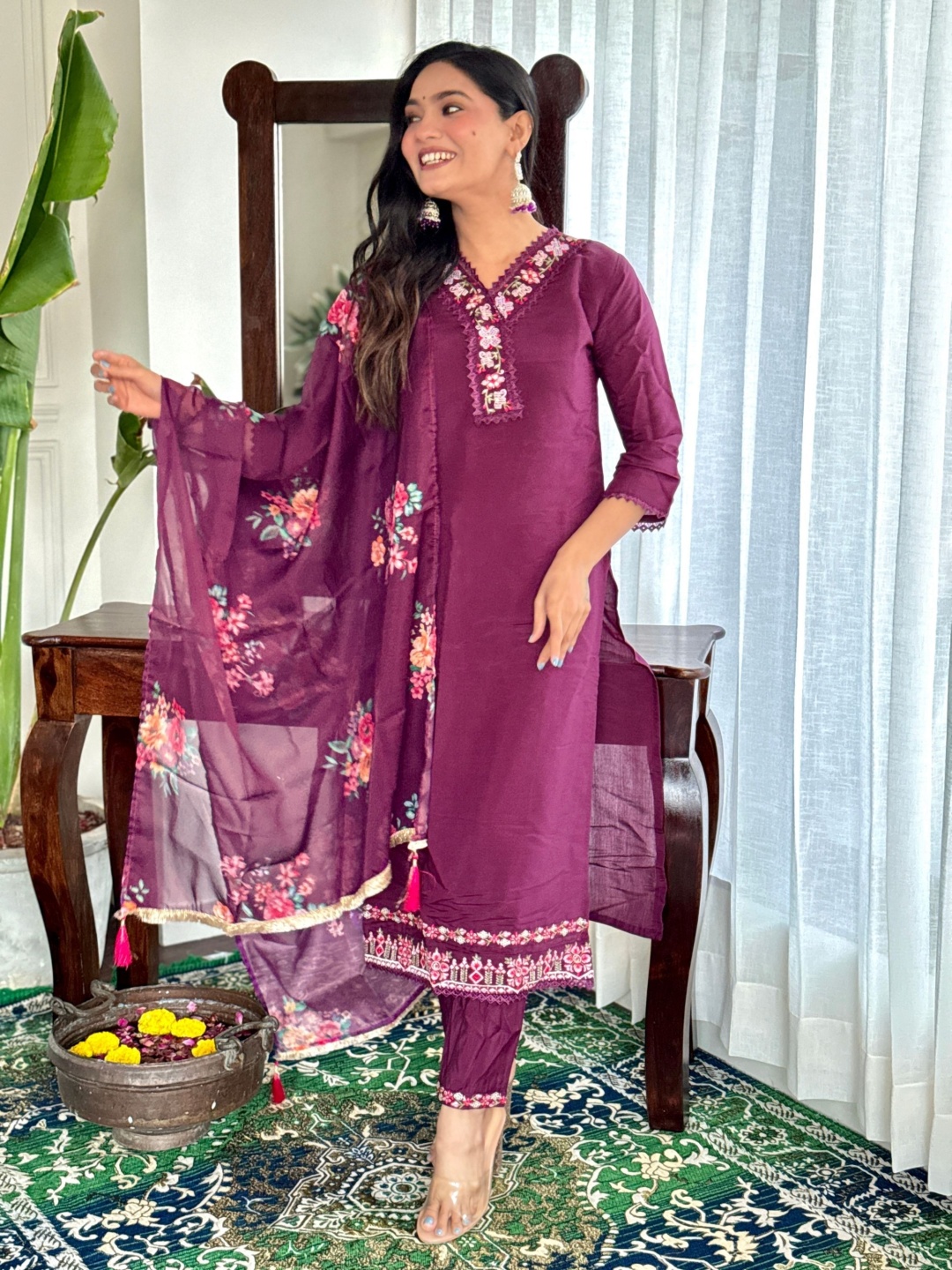 KALINI Embroidered V-Neck Chanderi Silk Straight Kurta With Trousers & Dupatta, Purple
KALINI Embroidered V-Neck Chanderi Silk Straight Kurta With Trousers & Dupatta, Purple