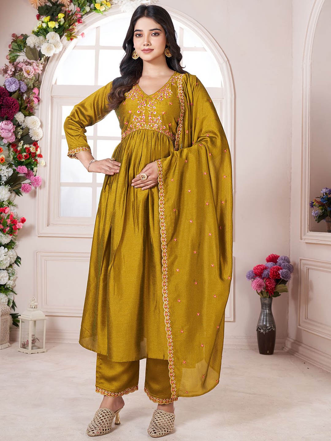 KALINI Floral Embroidered V-Neck Pleated A-Line Kurta with Palazzos & Dupatta, Yellow
KALINI Floral Embroidered V-Neck Pleated A-Line Kurta with Palazzos & Dupatta, Yellow