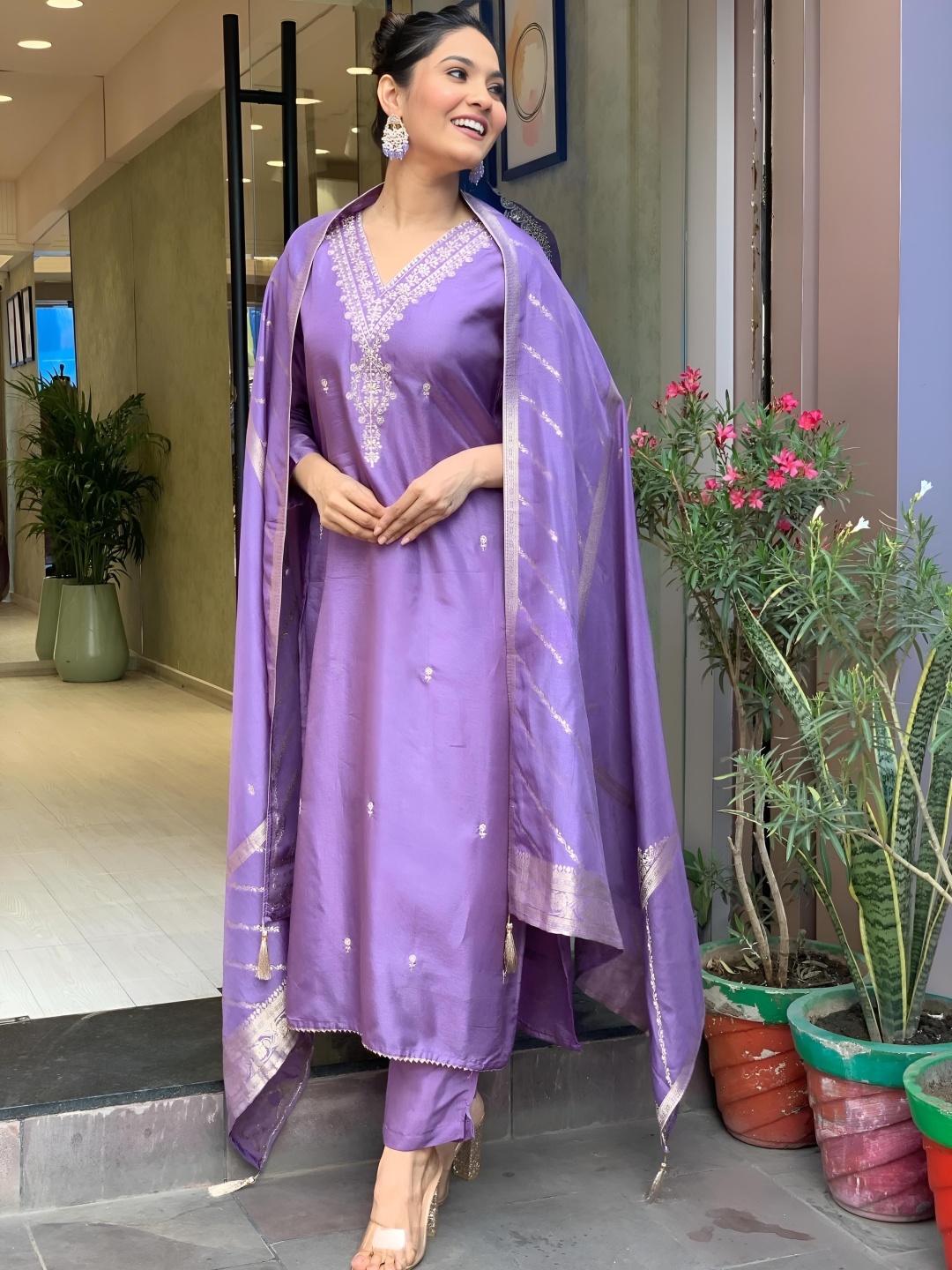 KALINI Floral Embroidered V-Neck Chanderi Silk Straight Kurta With Trousers & Dupatta, Lavender
KALINI Floral Embroidered V-Neck Chanderi Silk Straight Kurta With Trousers & Dupatta, Lavender