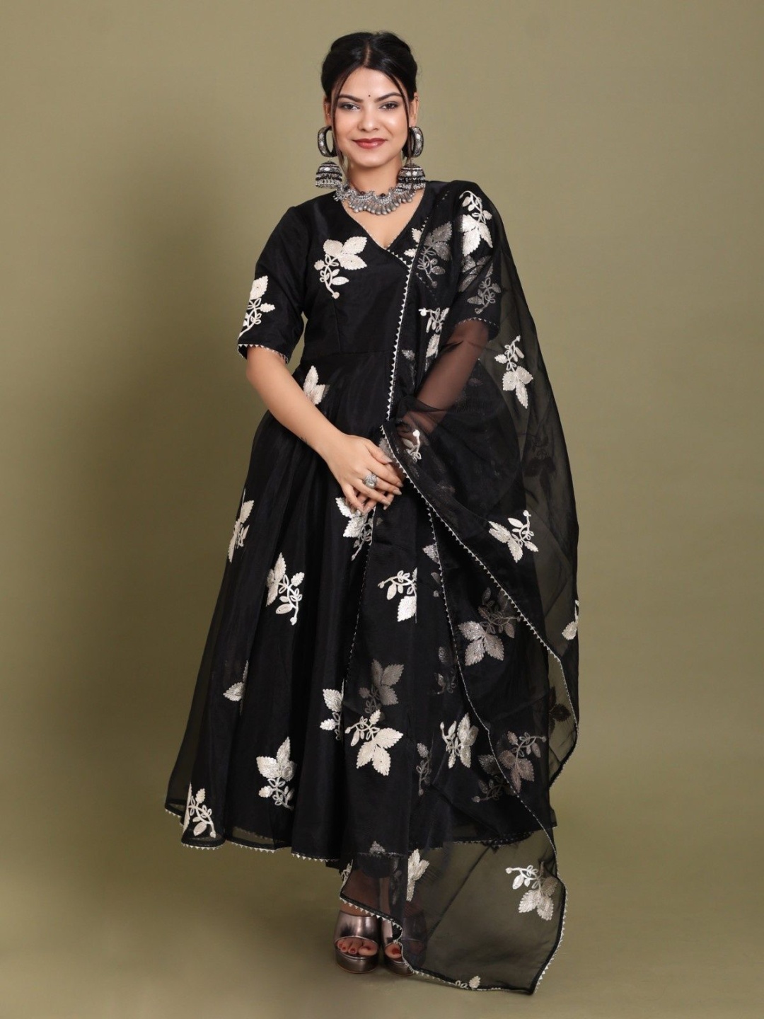 DRESENCE Floral Embroidered Angrakha Organza Anarkali Kurta with Trousers & Dupatta, Black
DRESENCE Floral Embroidered Angrakha Organza Anarkali Kurta with Trousers & Dupatta, Black