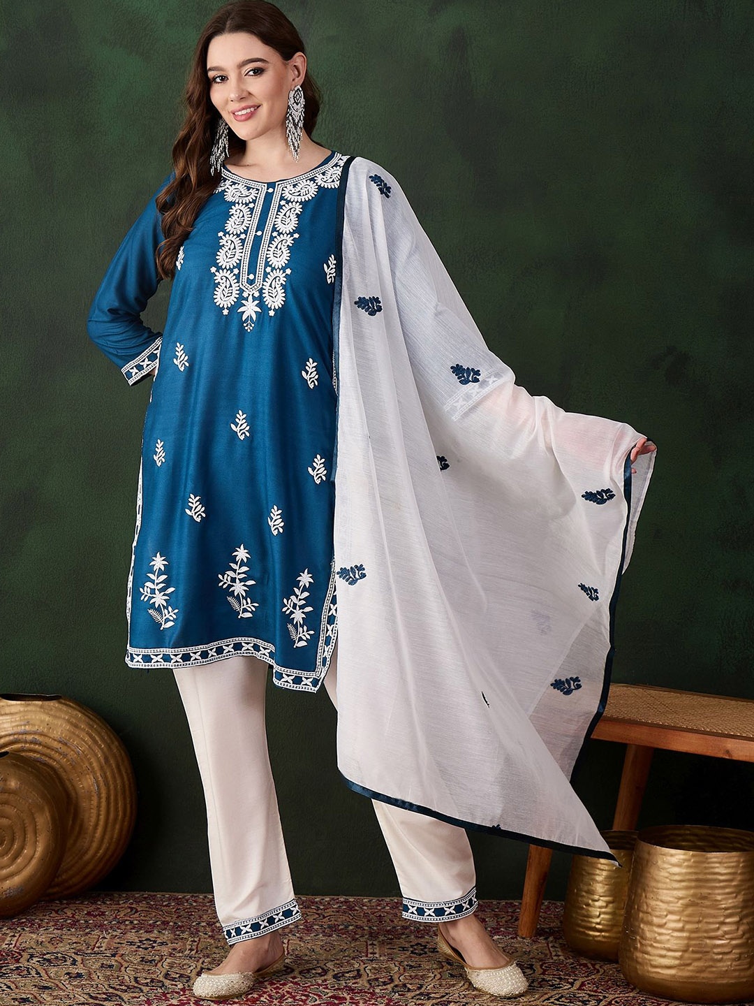 KALINI Women Floral Embroidered Regular Chikankari Kurta with Trousers & With Dupatta, Teal
KALINI Women Floral Embroidered Regular Chikankari Kurta with Trousers & With Dupatta, Teal