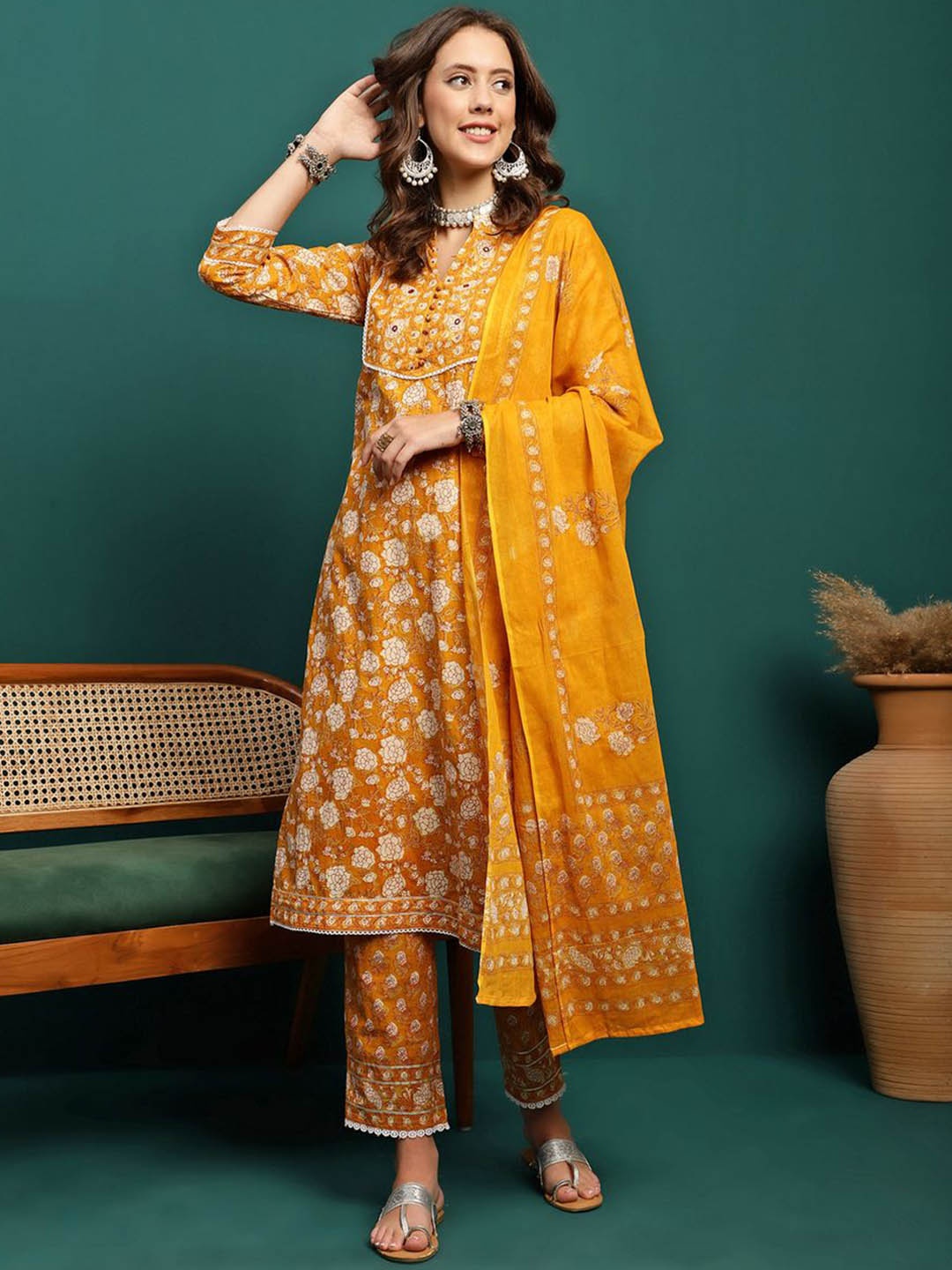 Sangria Mustard Yellow Floral Printed Pure Cotton Straight Kurta With Trouser & Dupatta
Sangria Mustard Yellow Floral Printed Pure Cotton Straight Kurta With Trouser & Dupatta