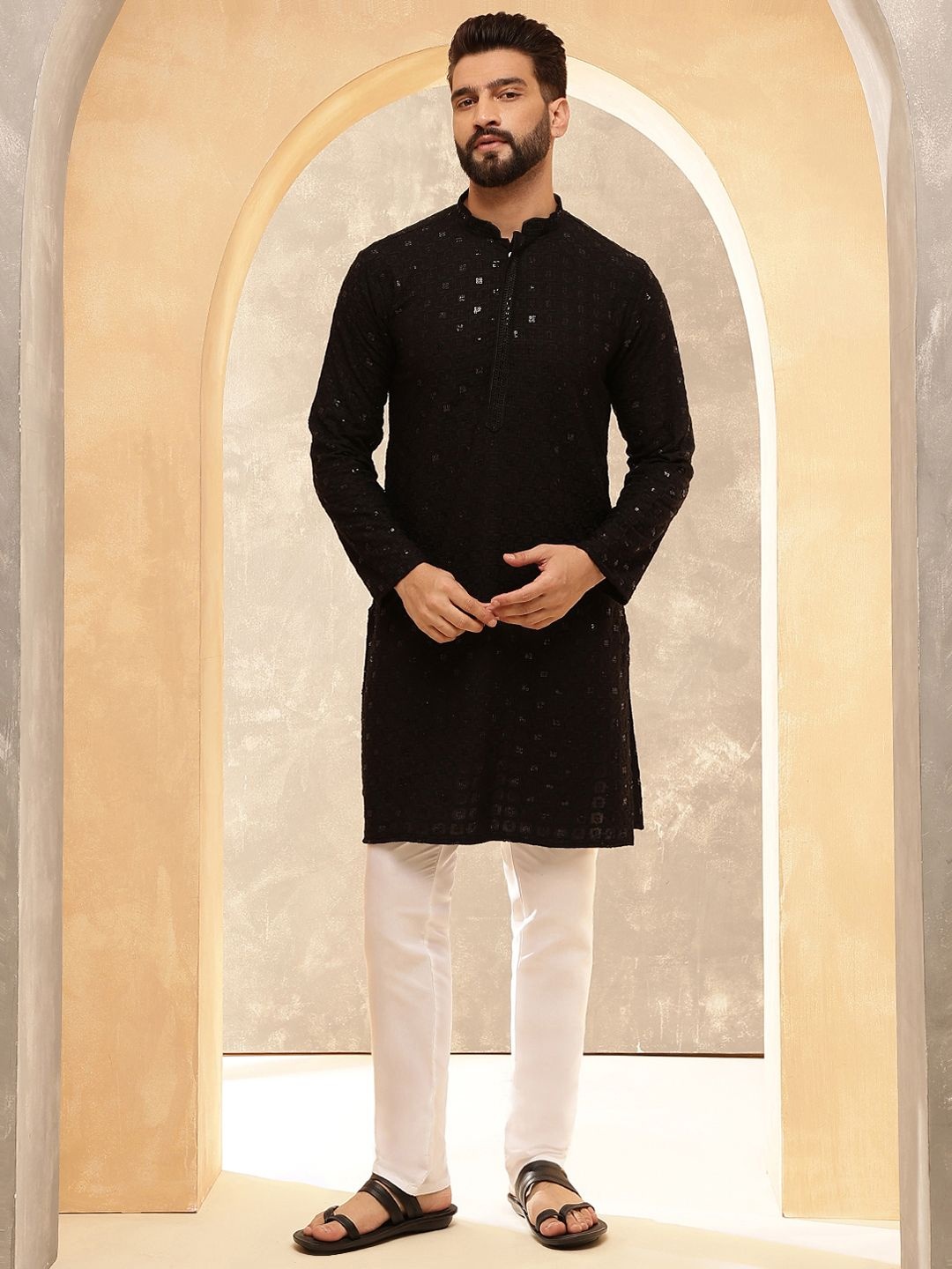 Anouk Black Geometric Embroidered Mandarin Collar Straight Pure Cotton Kurta With Trousers
Anouk Black Geometric Embroidered Mandarin Collar Straight Pure Cotton Kurta With Trousers