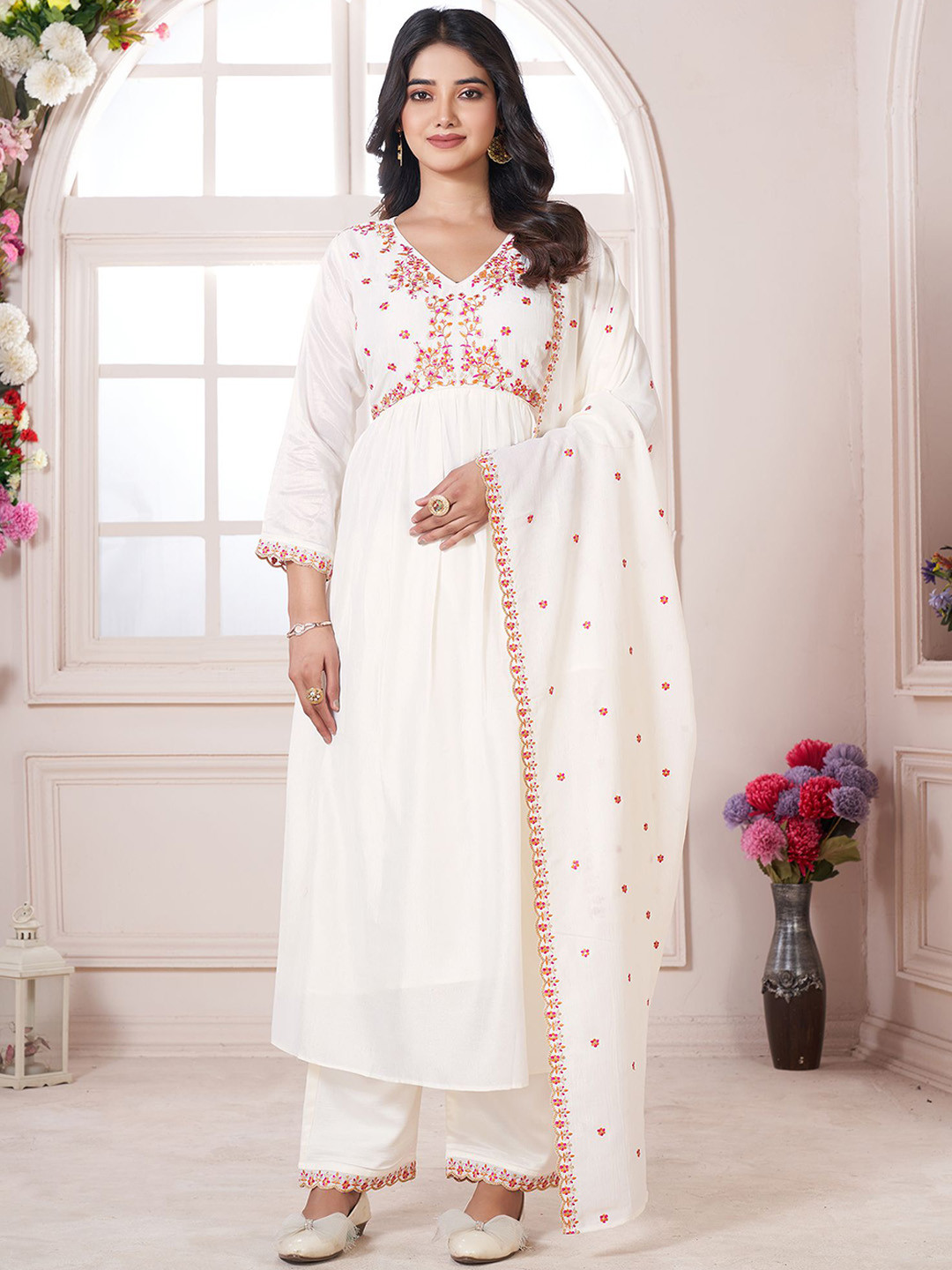 KALINI Floral Embroidered V-Neck Pleated A-line Kurta with Trouser & Dupatta, White
KALINI Floral Embroidered V-Neck Pleated A-line Kurta with Trouser & Dupatta, White
