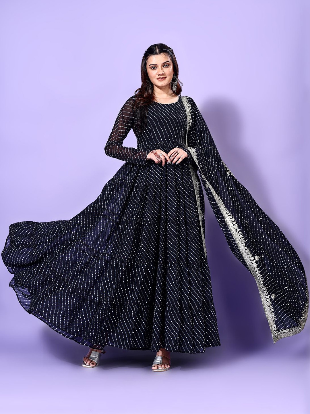 KALINI Leheriya Printed Round Neck Tiered Anarkali Kurta with Pyjamas & Dupatta, Black
KALINI Leheriya Printed Round Neck Tiered Anarkali Kurta with Pyjamas & Dupatta, Black