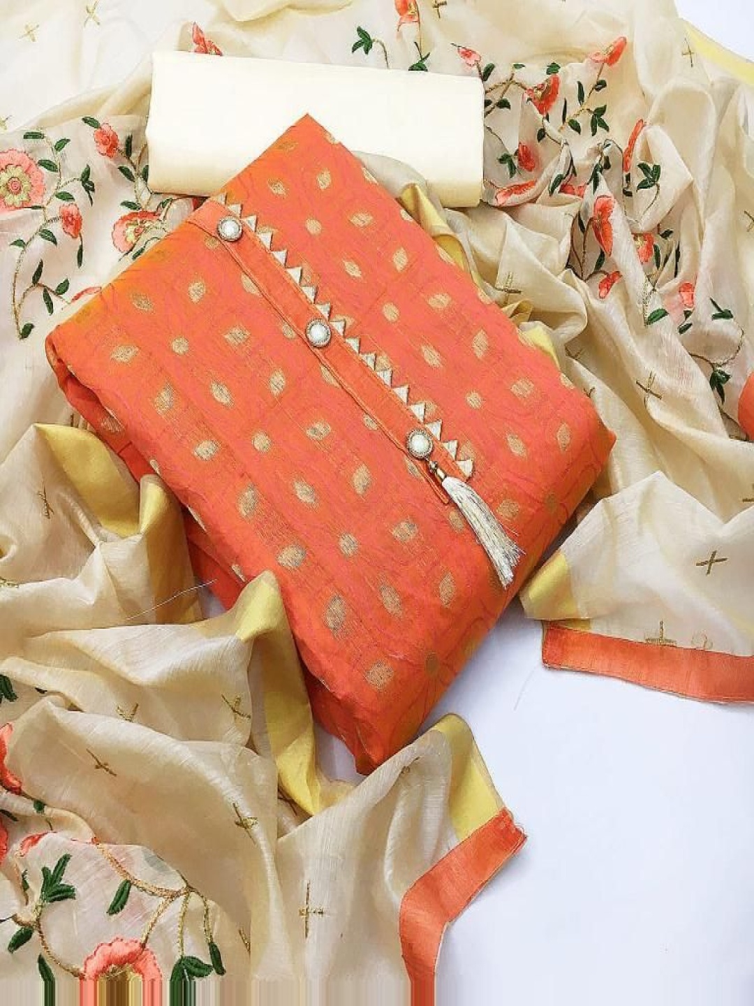 KALINI Polka Dots Woven Design Gotta Patti Work Pure Silk Unstitched Dress Material, Orange
KALINI Polka Dots Woven Design Gotta Patti Work Pure Silk Unstitched Dress Material, Orange