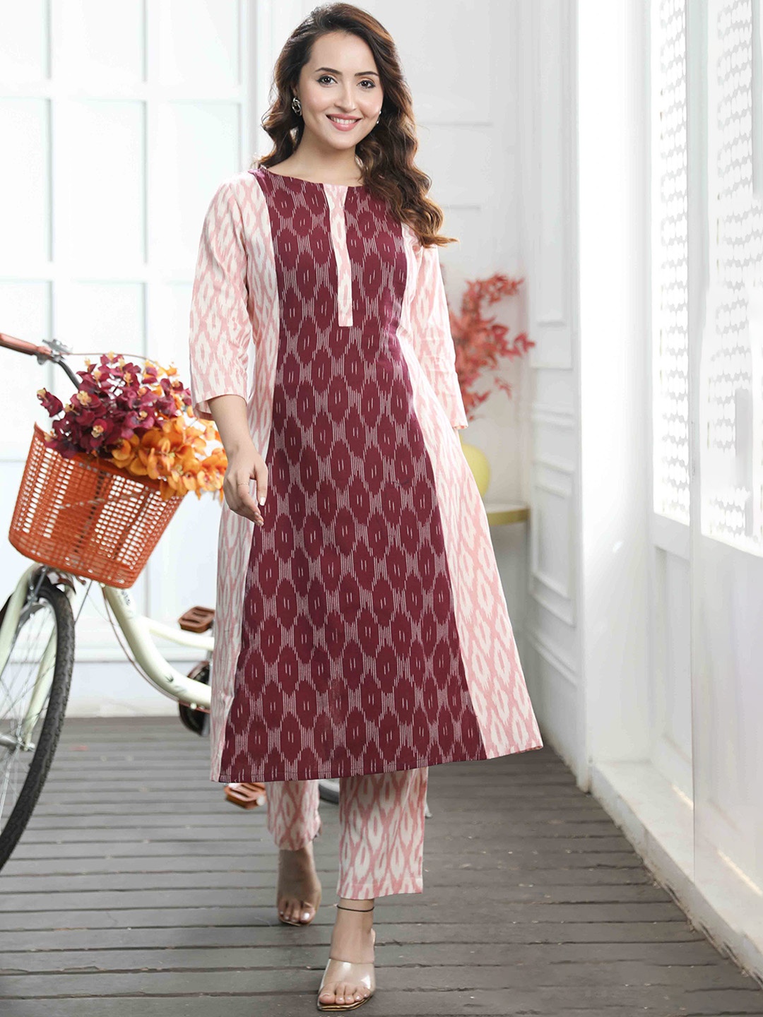 Prasam Combination Ikat Printed Panelled Pure Cotton A-Line Kurta with Trouser, Pink
Prasam Combination Ikat Printed Panelled Pure Cotton A-Line Kurta with Trouser, Pink
