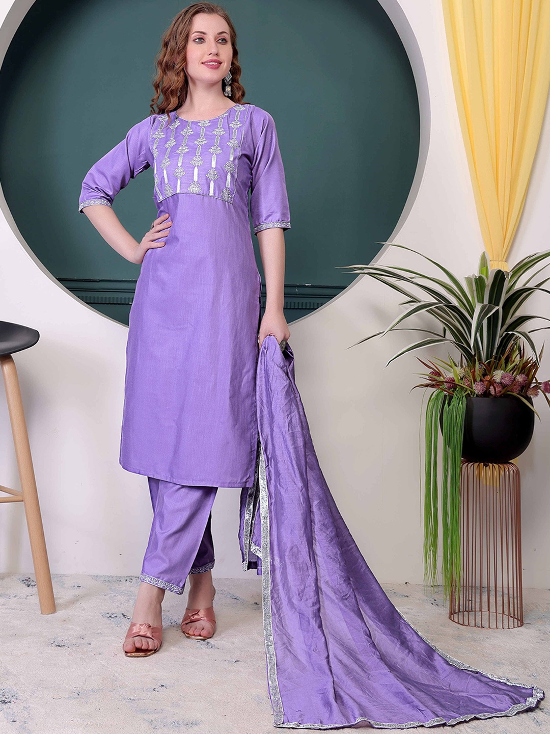 Ethnic 3 You Floral Yoke Design Sequinned Pure Cotton Kurta With Trousers & Dupatta, Purple
Ethnic 3 You Floral Yoke Design Sequinned Pure Cotton Kurta With Trousers & Dupatta, Purple