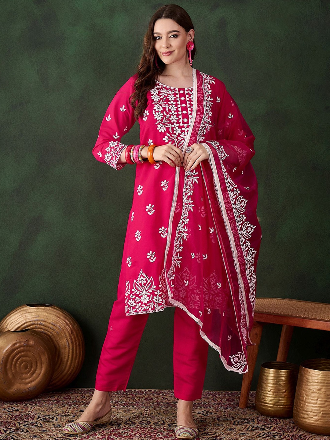 KIMISHA Floral Embroidered Chikankari Cotton Silk Straight Kurta with Trousers & Dupatta, Pink
KIMISHA Floral Embroidered Chikankari Cotton Silk Straight Kurta with Trousers & Dupatta, Pink