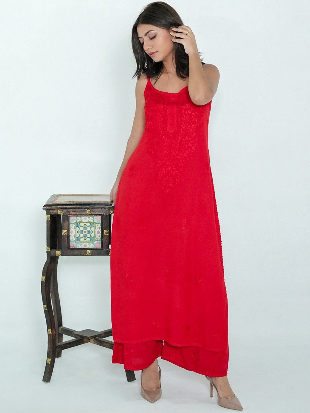 Ethnic Threads Floral Embroidered Shoulder Straps Chikankari Straight Kurta Wiith Palazzos, Red
Ethnic Threads Floral Embroidered Shoulder Straps Chikankari Straight Kurta Wiith Palazzos, Red