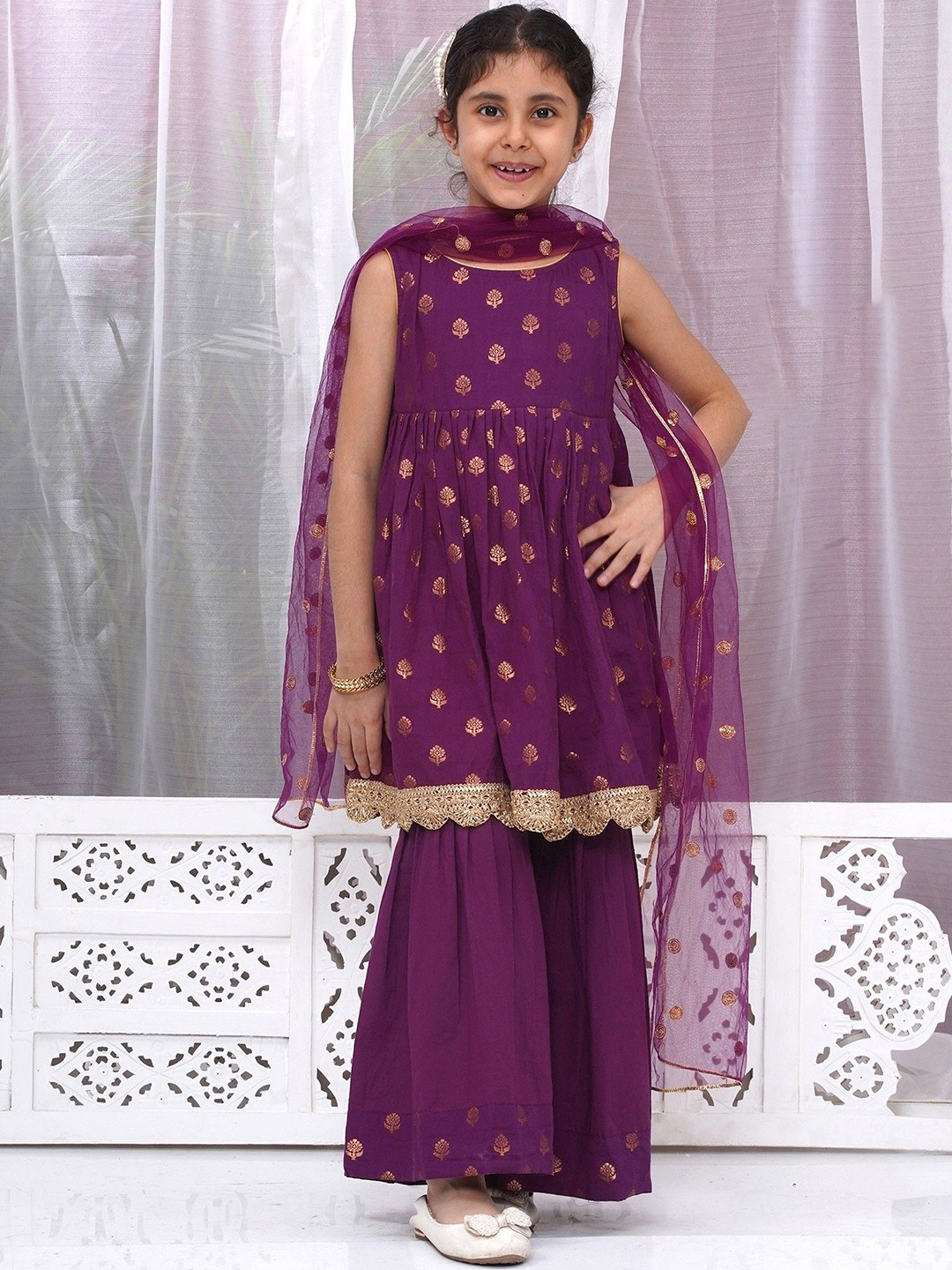 Little Bansi Girls Woven Design Pleated Pure Cotton Kurta with Sharara & Dupatta, Purple
Little Bansi Girls Woven Design Pleated Pure Cotton Kurta with Sharara & Dupatta, Purple