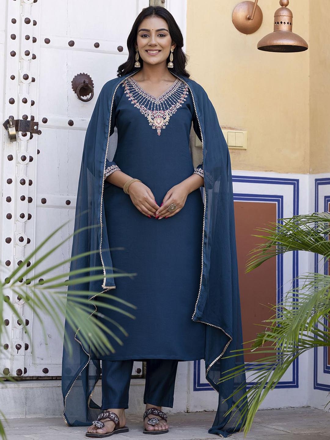 Navlik Women Floral Embroidered Beads and Stones Kurta with Trousers & Dupatta, Turquoise blue
Navlik Women Floral Embroidered Beads and Stones Kurta with Trousers & Dupatta, Turquoise blue