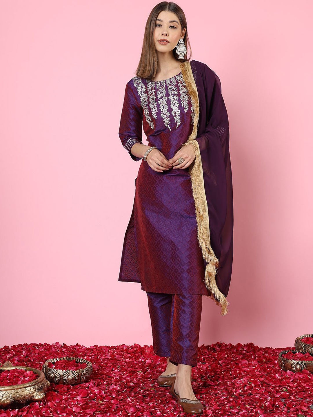 Anouk Rustic Geometric Woven Design Pure Cotton Straight Kurta With Trouser & Dupatta, Purple
Anouk Rustic Geometric Woven Design Pure Cotton Straight Kurta With Trouser & Dupatta, Purple