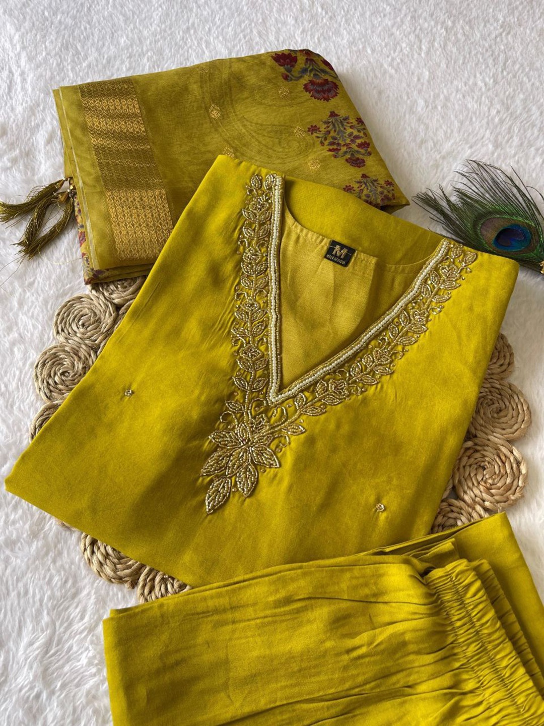 XAYCRA CREATION Floral Yoke Design Beads Work Pure Silk Kurta With Pyjama & Dupatta, Yellow
XAYCRA CREATION Floral Yoke Design Beads Work Pure Silk Kurta With Pyjama & Dupatta, Yellow
