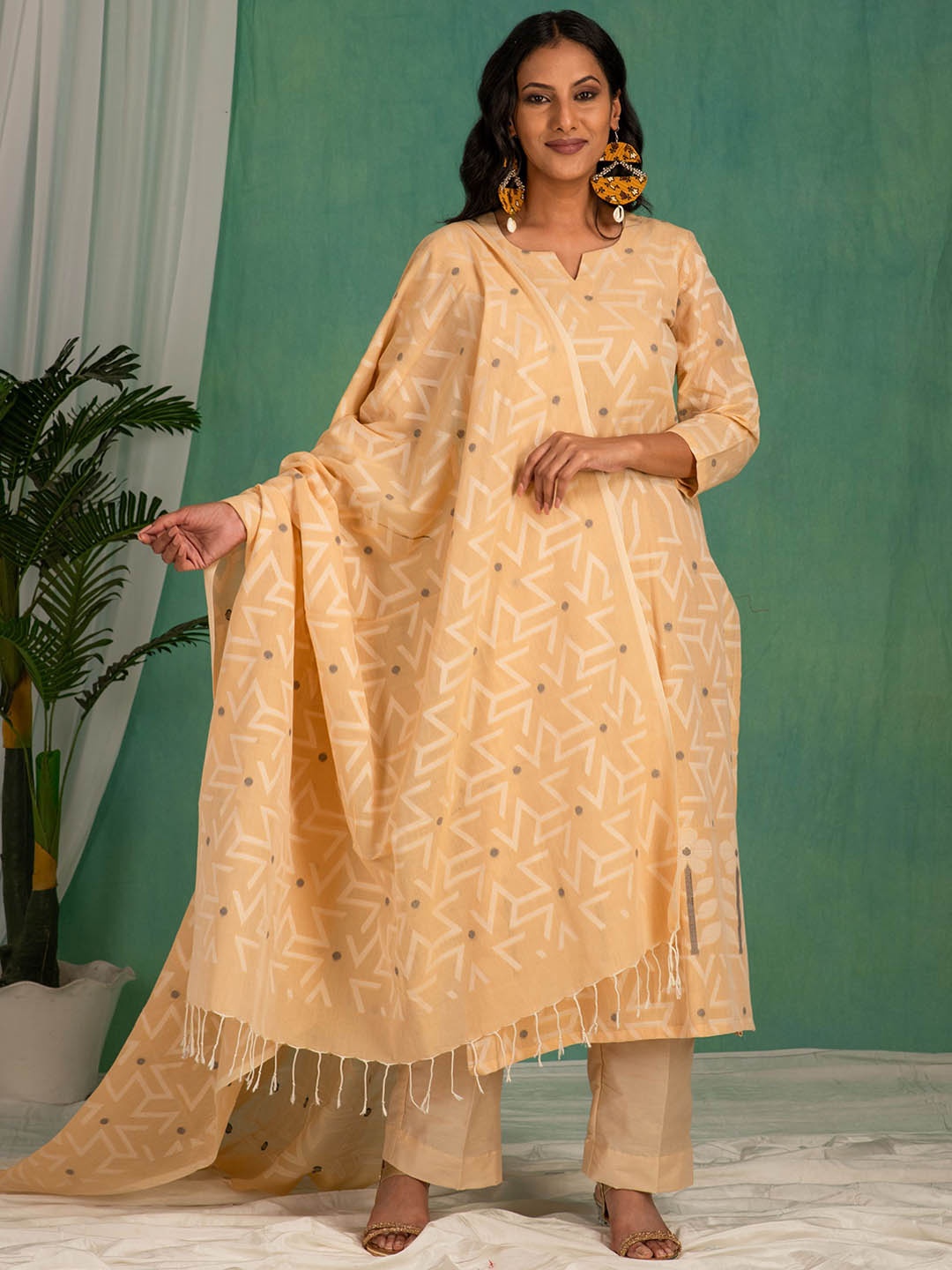 Kasturi Creations Abstract Printed Notch Neck Pure Cotton Kurta With Trousers And Dupatta, Yellow
Kasturi Creations Abstract Printed Notch Neck Pure Cotton Kurta With Trousers And Dupatta, Yellow