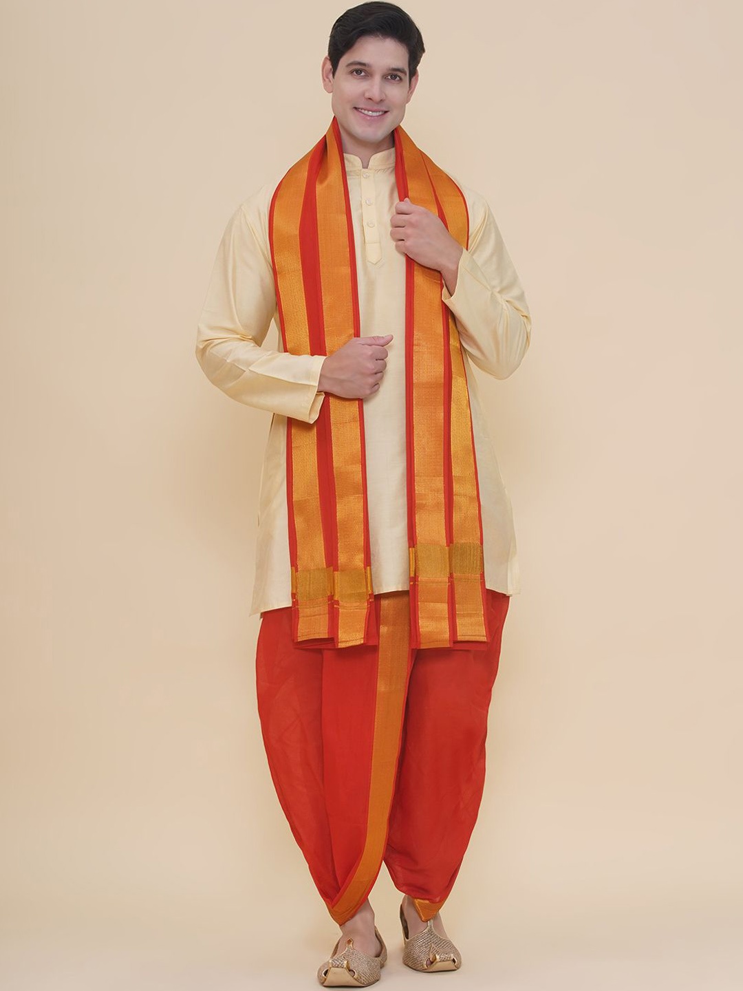 Sethukrishna Mandarin Collar Art Silk Straight Kurta With Dhoti Pants And Angavastram, Beige
Sethukrishna Mandarin Collar Art Silk Straight Kurta With Dhoti Pants And Angavastram, Beige