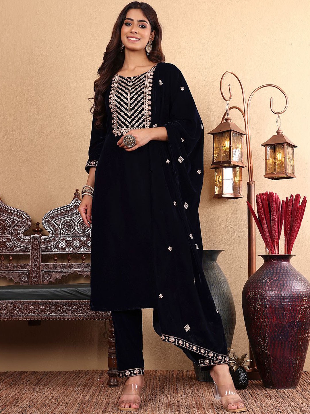 Varanga Ethnic Motifs Embroidered Zari Velvet Kurta With Trousers And Dupatta, Black
Varanga Ethnic Motifs Embroidered Zari Velvet Kurta With Trousers And Dupatta, Black