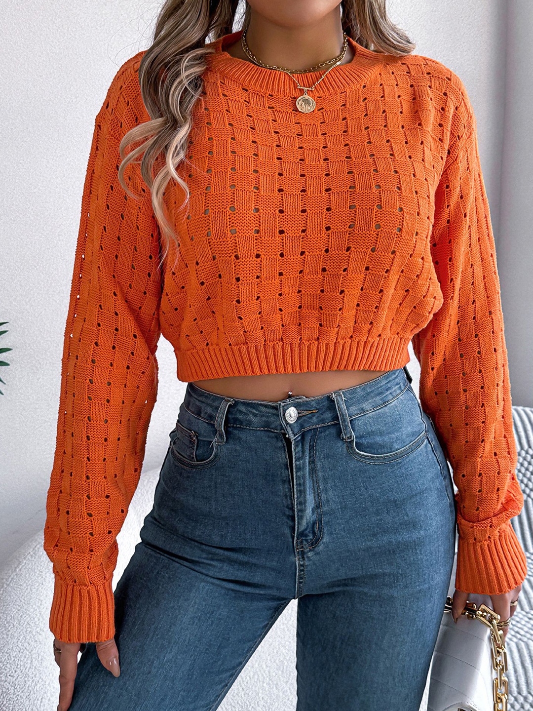 StyleCast x Revolte Women Self Design Open Knit Crop Pullover Sweaters, Orange
StyleCast x Revolte Women Self Design Open Knit Crop Pullover Sweaters, Orange