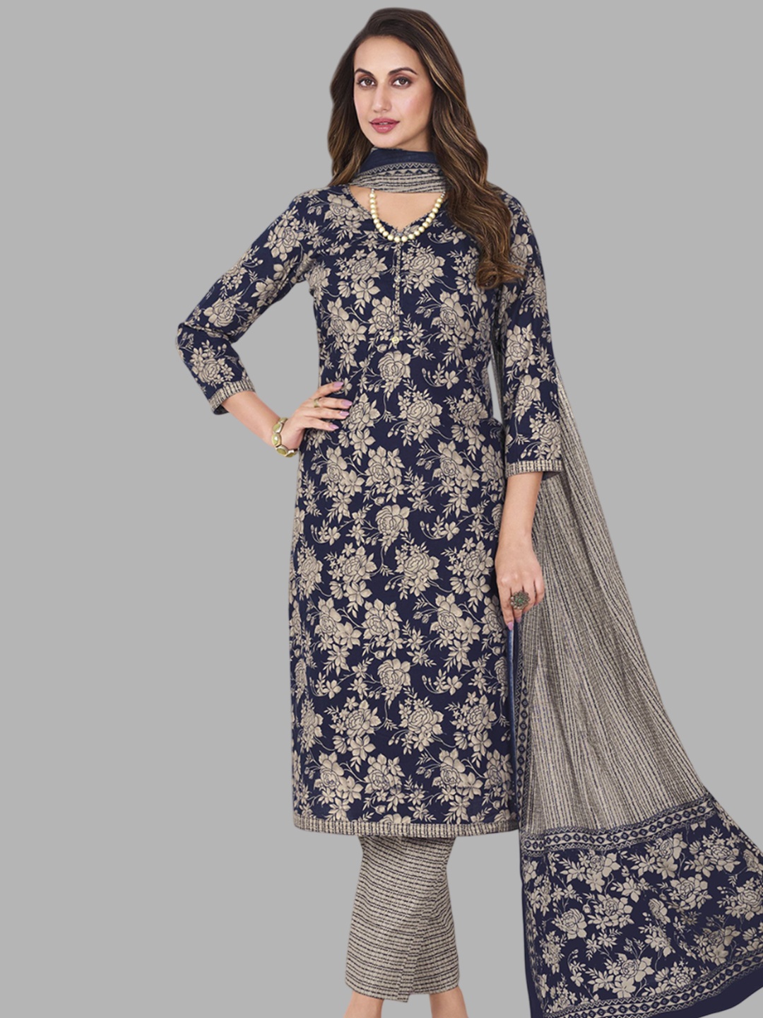 Simmu Floral Printed V-Neck Pure Cotton Straight Kurta With Trouser & Dupatta, Navy blue
Simmu Floral Printed V-Neck Pure Cotton Straight Kurta With Trouser & Dupatta, Navy blue
