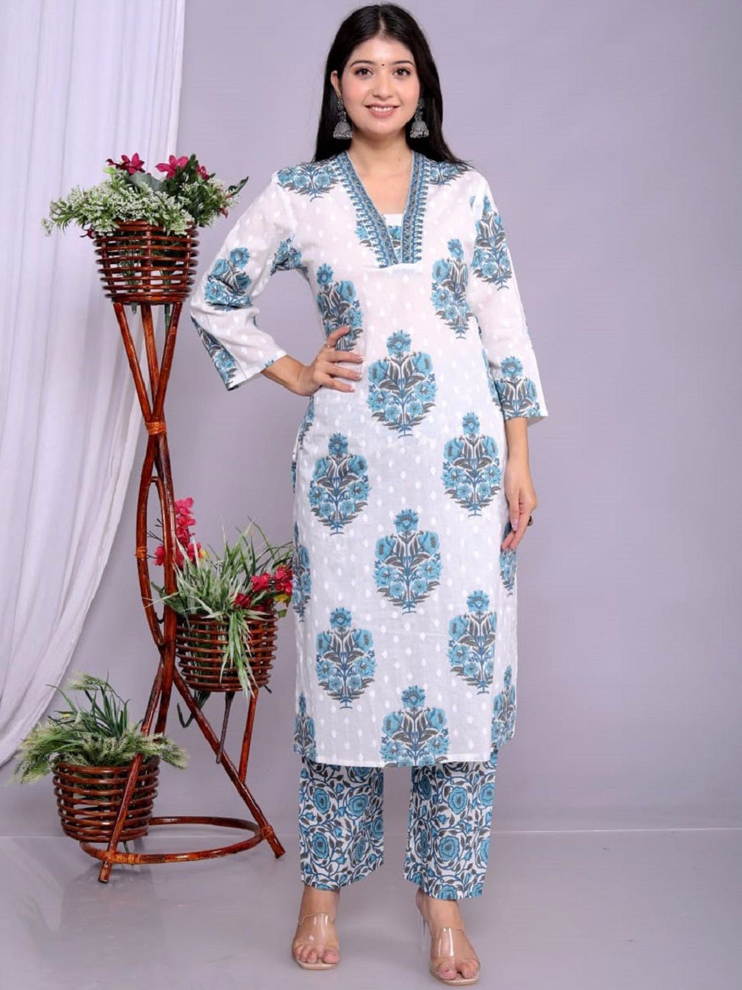 Aasira Floral Printed V-Neck Pure Cotton Straight Kurta With Trousers & Dupatta, White
Aasira Floral Printed V-Neck Pure Cotton Straight Kurta With Trousers & Dupatta, White