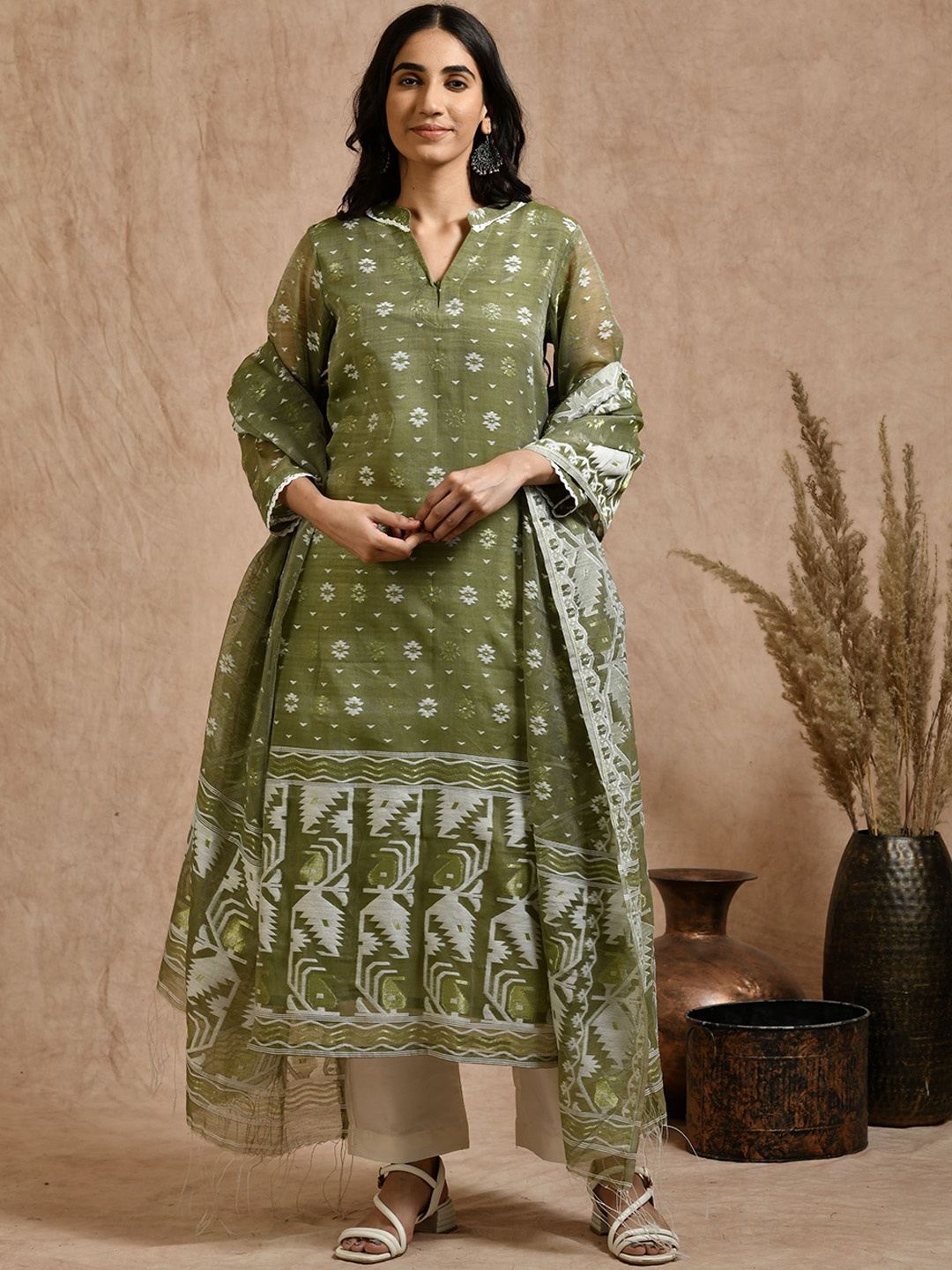 Kasturi Creations Floral Woven Design Pure Cotton Kurta With Trousers And Dupatta, Olive
Kasturi Creations Floral Woven Design Pure Cotton Kurta With Trousers And Dupatta, Olive