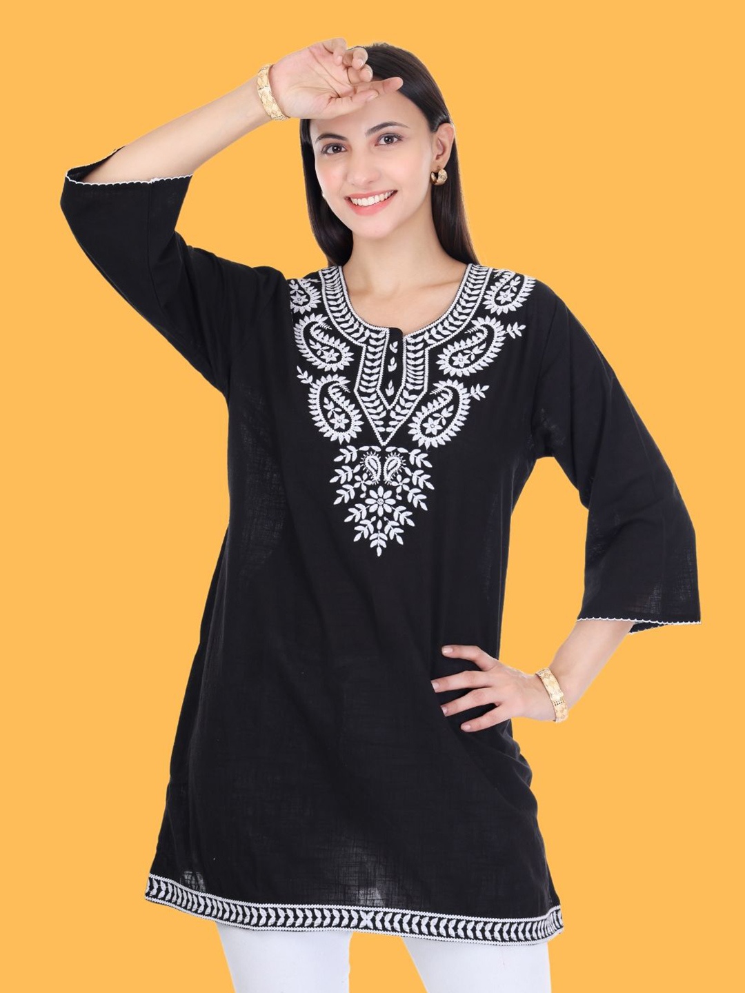Moda Rapido Women Floral Flared Sleeves Thread Work Pure Cotton Thread Work Kurti, Black
Moda Rapido Women Floral Flared Sleeves Thread Work Pure Cotton Thread Work Kurti, Black