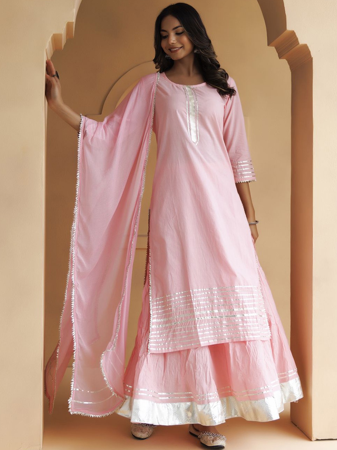 Geroo Luxe Round Neck Gotta Patti Pure Cotton Straight Kurta With Skirt & Dupatta, Pink
Geroo Luxe Round Neck Gotta Patti Pure Cotton Straight Kurta With Skirt & Dupatta, Pink