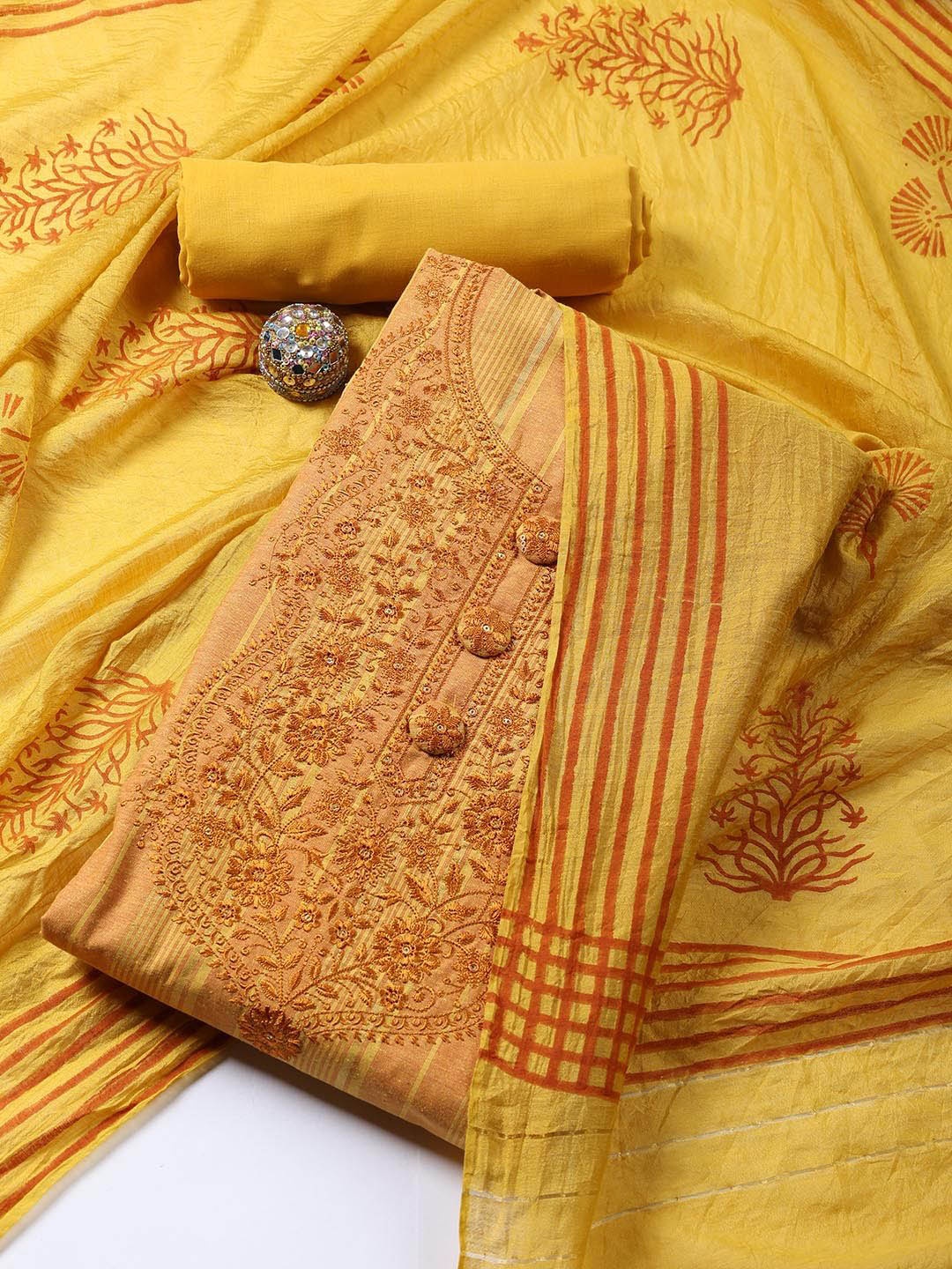 Meena Bazaar Geometric Woven Design Embroidered Cotton Unstitched Dress Material, Mustard
Meena Bazaar Geometric Woven Design Embroidered Cotton Unstitched Dress Material, Mustard
