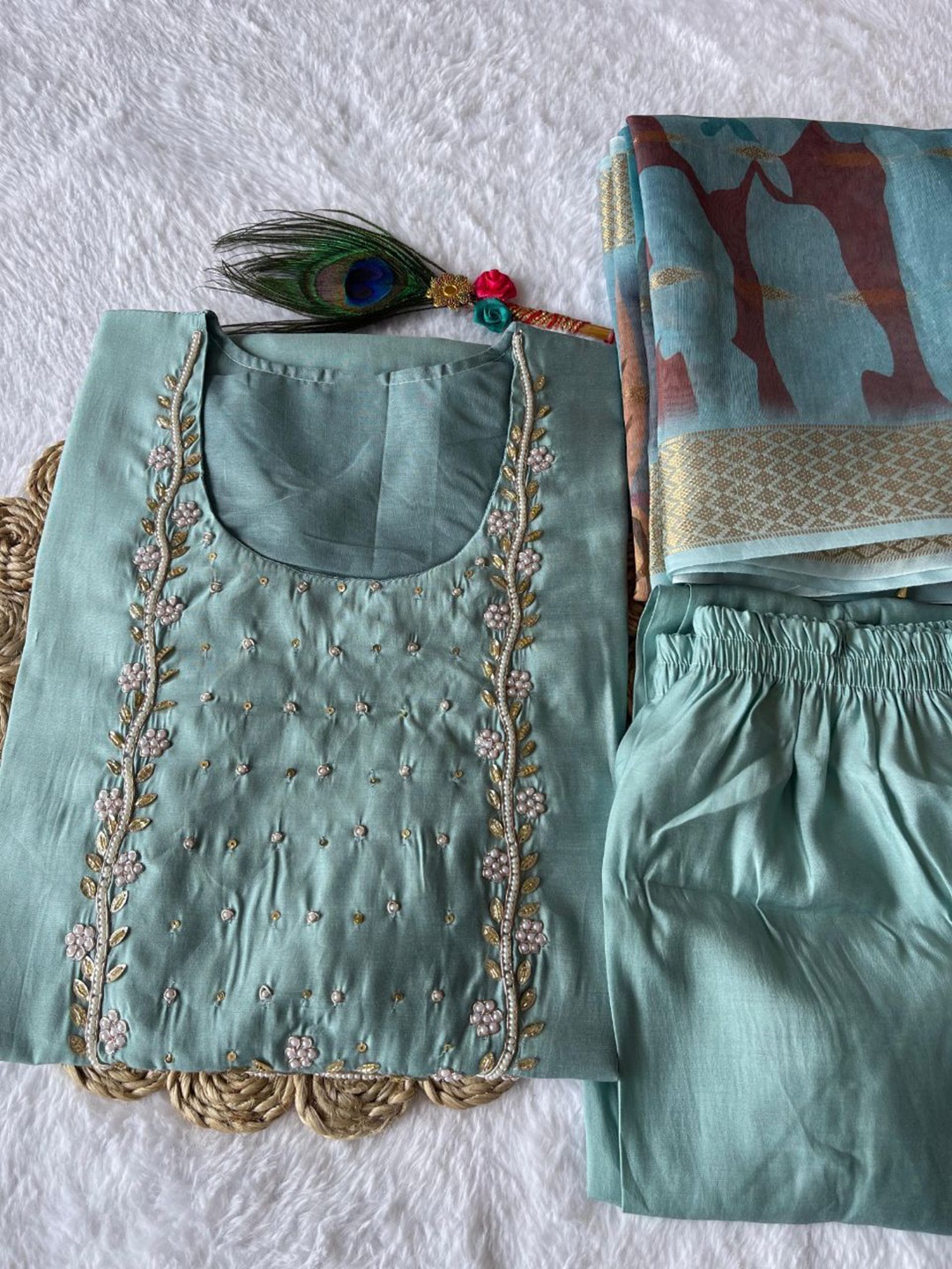 XAYCRA CREATION Floral Yoke Design Beads Work Pure Silk Kurta With Pyjama & Dupatta, Blue
XAYCRA CREATION Floral Yoke Design Beads Work Pure Silk Kurta With Pyjama & Dupatta, Blue