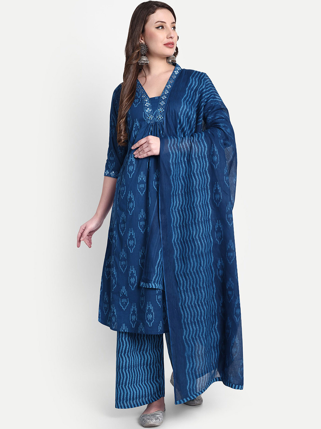 Hujum Geometric Printed V-Neck Pure Cotton A-Line Kurta With Palazzos & Dupatta, Blue
Hujum Geometric Printed V-Neck Pure Cotton A-Line Kurta With Palazzos & Dupatta, Blue