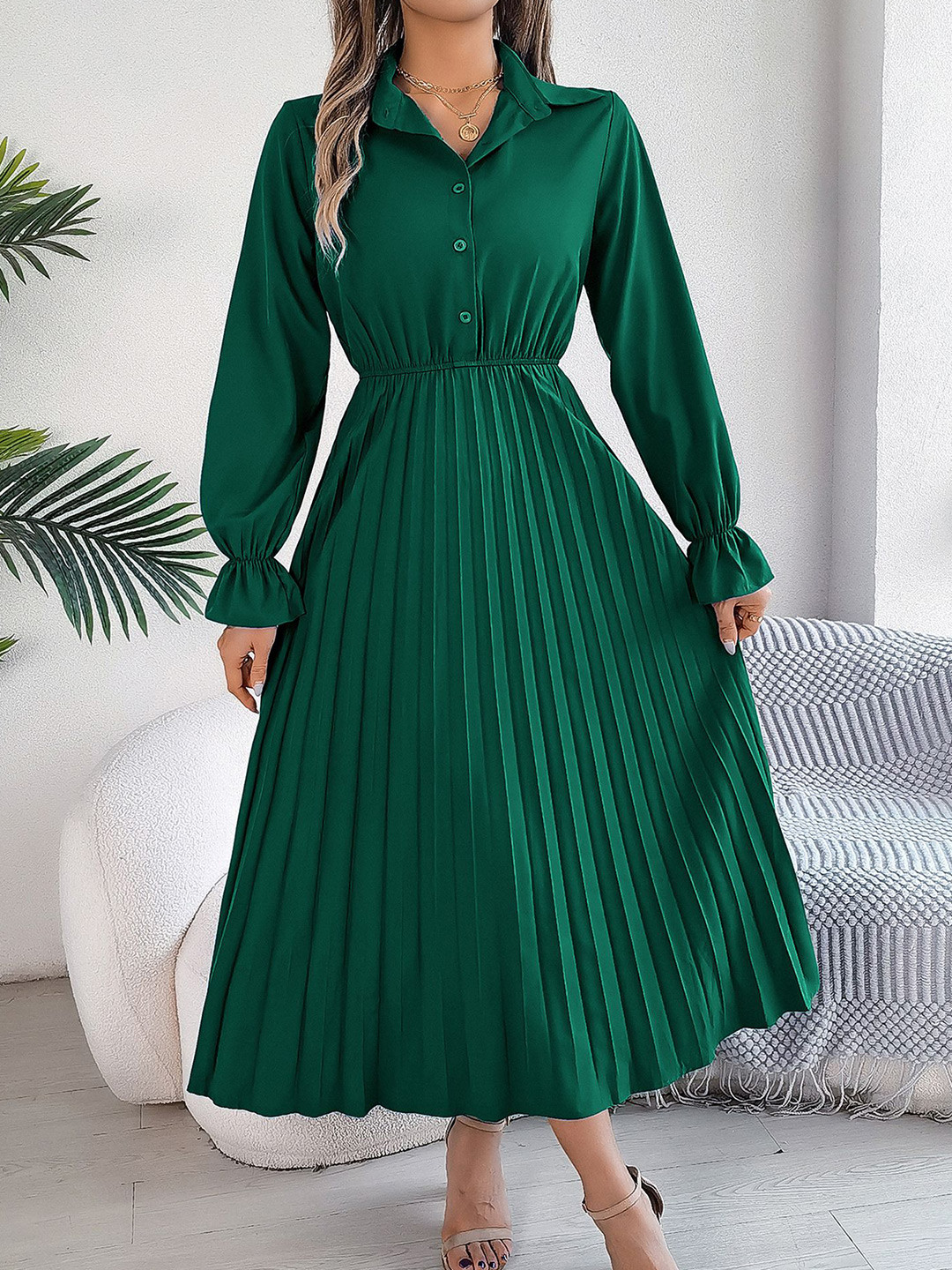 StyleCast x Revolte Women Shirt Collar A-Line Midi Dress, Green 
StyleCast x Revolte Women Shirt Collar A-Line Midi Dress, Green