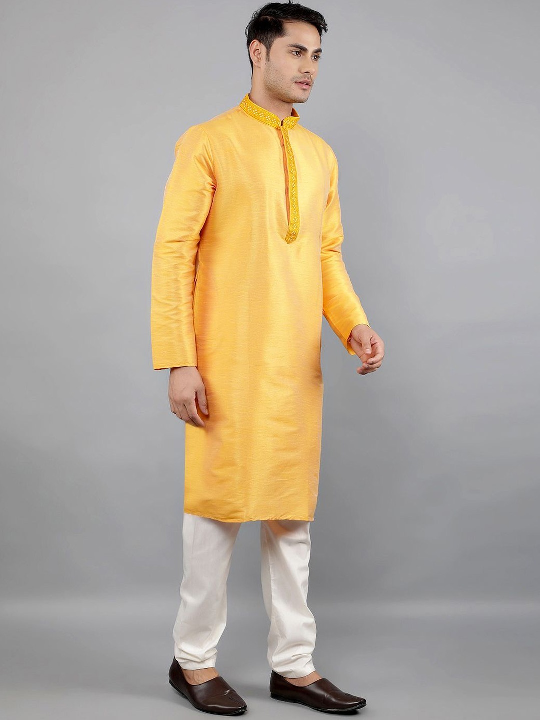 Manish Creations Woven Design Mandarin Collar Jacquard Straight Kurta With Churidar, Yellow
Manish Creations Woven Design Mandarin Collar Jacquard Straight Kurta With Churidar, Yellow