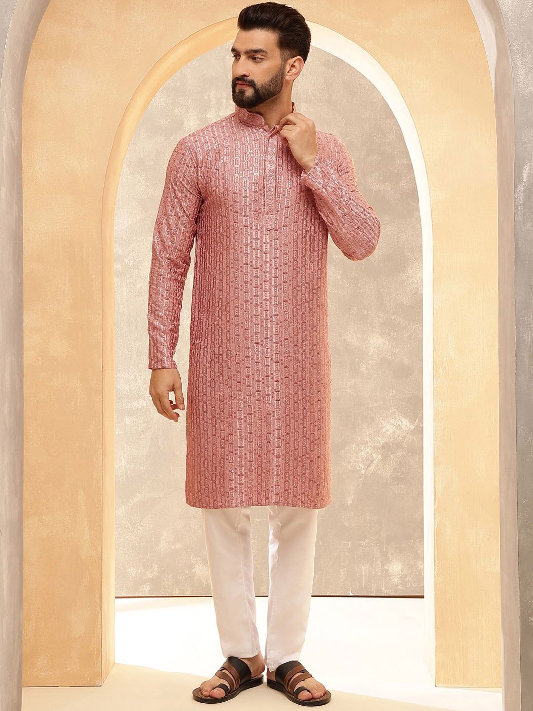 SOJANYA Ethnic Motifs Embroidered Mandarin Collar Sequinned Straight Kurta With Pyjamas, Coral
SOJANYA Ethnic Motifs Embroidered Mandarin Collar Sequinned Straight Kurta With Pyjamas, Coral