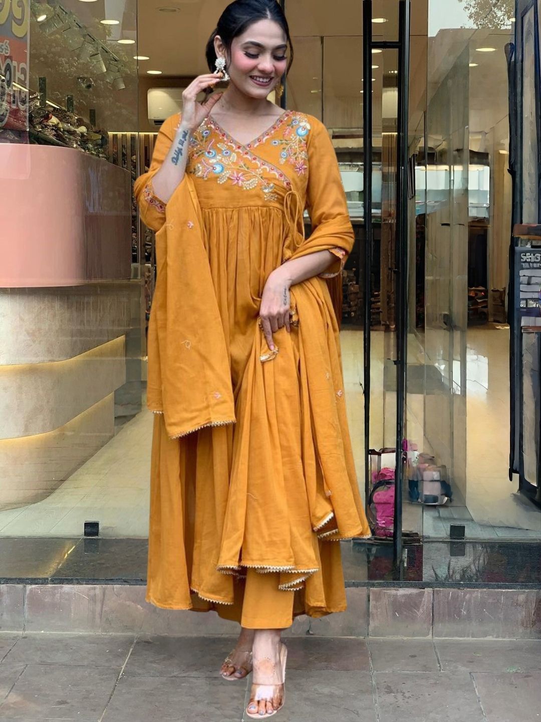 Navlik Floral Embroidered Angrakha Anarkali Kurta with Trousers And Dupatta, Mustard
Navlik Floral Embroidered Angrakha Anarkali Kurta with Trousers And Dupatta, Mustard