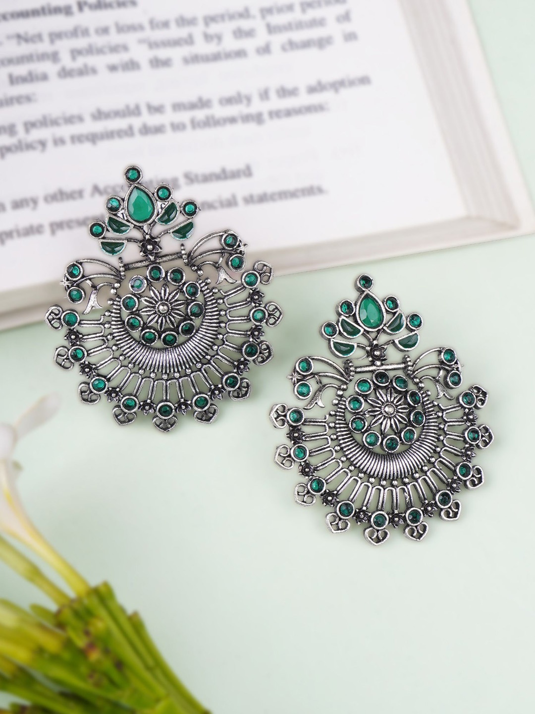 Sangria Green Silver-Plated Artificial Stones Studded Oxidised Contemporary Chandbalis
Sangria Green Silver-Plated Artificial Stones Studded Oxidised Contemporary Chandbalis