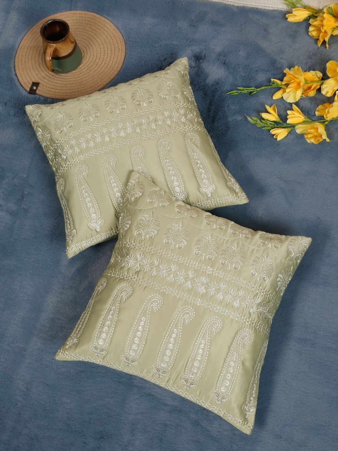 SOKNACK Green & Silver-Toned 2 Pieces Ethnic Motifs Embroidered Square Cushion Covers, Olive
SOKNACK Green & Silver-Toned 2 Pieces Ethnic Motifs Embroidered Square Cushion Covers, Olive