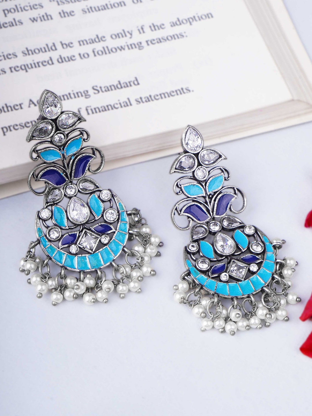 Sangria Blue Silver-Plated Stones Studded And Beaded Crescent Shaped Oxidised Chandbalis
Sangria Blue Silver-Plated Stones Studded And Beaded Crescent Shaped Oxidised Chandbalis
