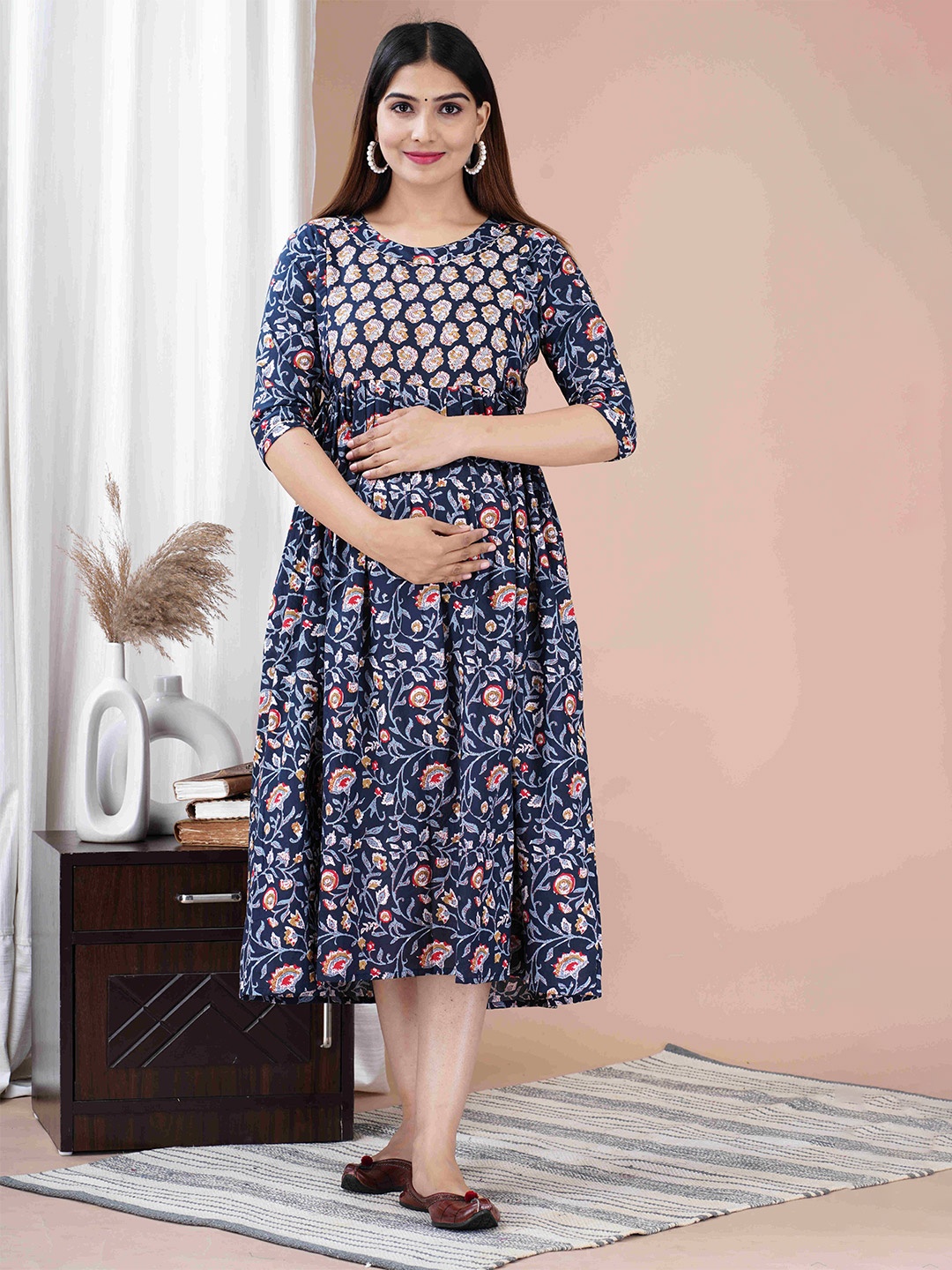 UrbanRang Women Floral Printed Maternity Cotton Fit and Flare Dress, Navy blue
UrbanRang Women Floral Printed Maternity Cotton Fit and Flare Dress, Navy blue