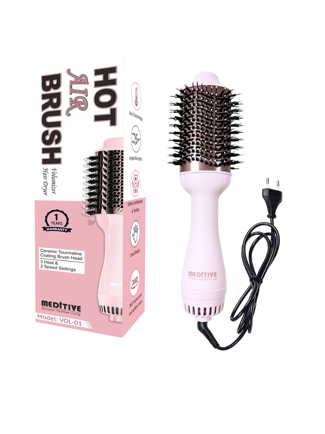 MEDITIVE 1200 Watts Hot Air Brush For Hair Styling With Ceramic Tourmaline Coated, Pink
MEDITIVE 1200 Watts Hot Air Brush For Hair Styling With Ceramic Tourmaline Coated, Pink