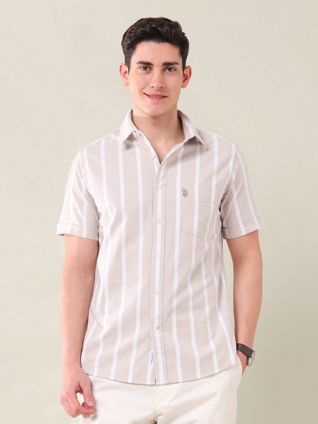U.S. Polo Assn. Men Classic Slim Fit Spread Collar Vertical Striped Cotton Casual Shirt, Beige
U.S. Polo Assn. Men Classic Slim Fit Spread Collar Vertical Striped Cotton Casual Shirt, Beige